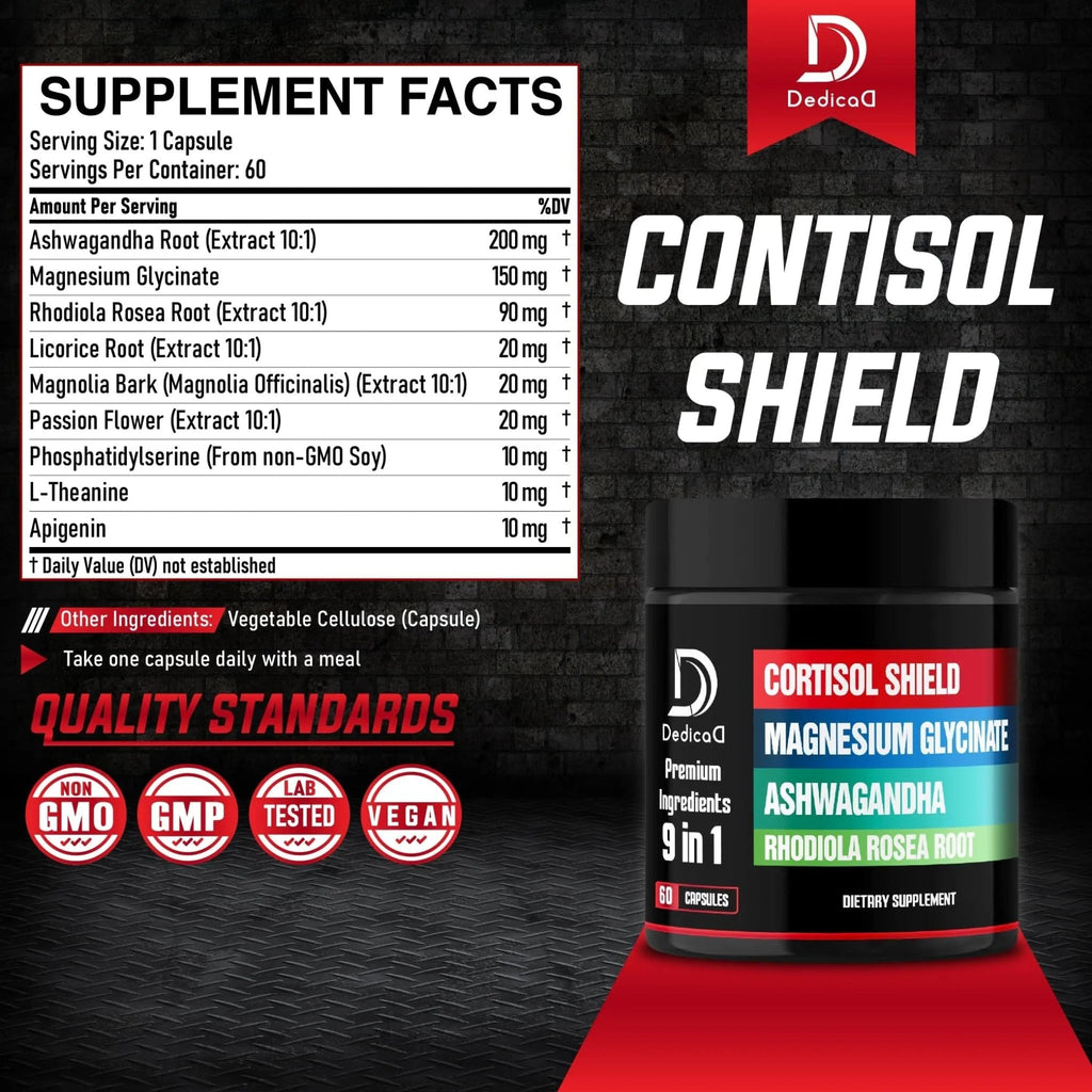 DEDICAD 9in1 Cortisol Shield - Magnesium Glycinate & Ashwagandha with Rhodiola, Phosphatidylserine, Passion Flower, L-Theanine, Apigenin, Licorice, Magnolia - Rest Well & Mood Balance - 60 Count - TrustMedUSA