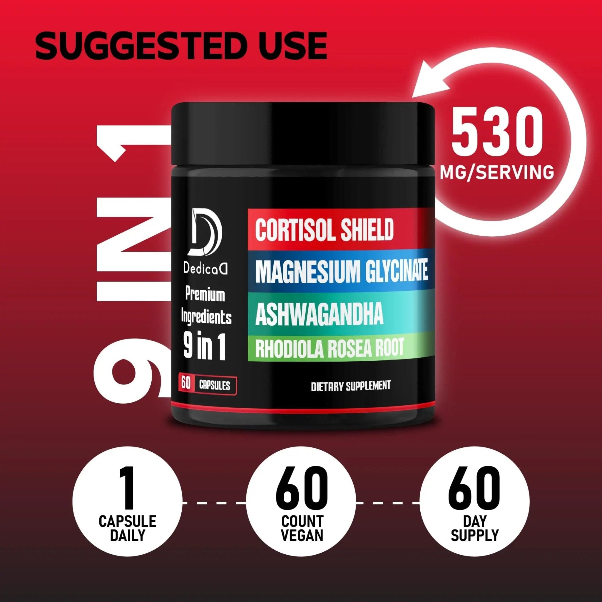 DEDICAD 9in1 Cortisol Shield - Magnesium Glycinate & Ashwagandha with Rhodiola, Phosphatidylserine, Passion Flower, L-Theanine, Apigenin, Licorice, Magnolia - Rest Well & Mood Balance - 60 Count - TrustMedUSA