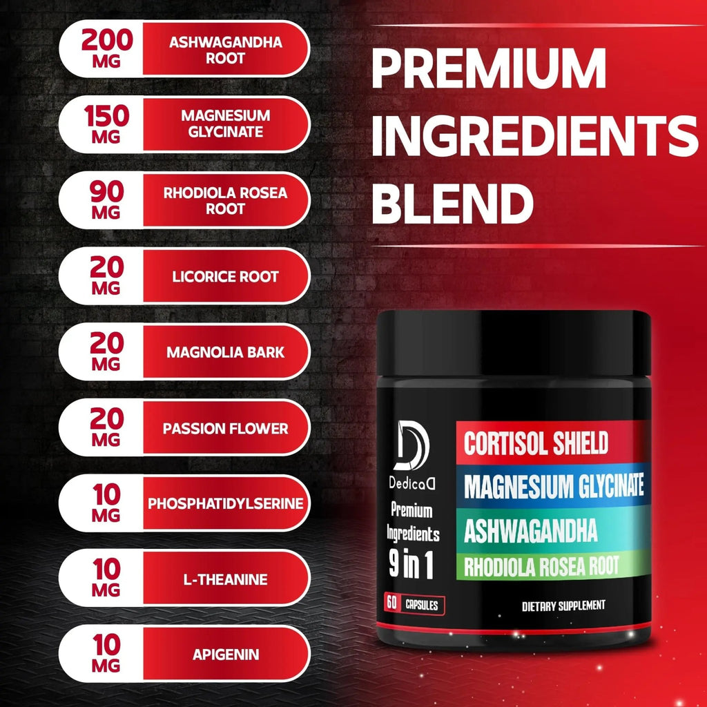 DEDICAD 9in1 Cortisol Shield - Magnesium Glycinate & Ashwagandha with Rhodiola, Phosphatidylserine, Passion Flower, L-Theanine, Apigenin, Licorice, Magnolia - Rest Well & Mood Balance - 60 Count - TrustMedUSA
