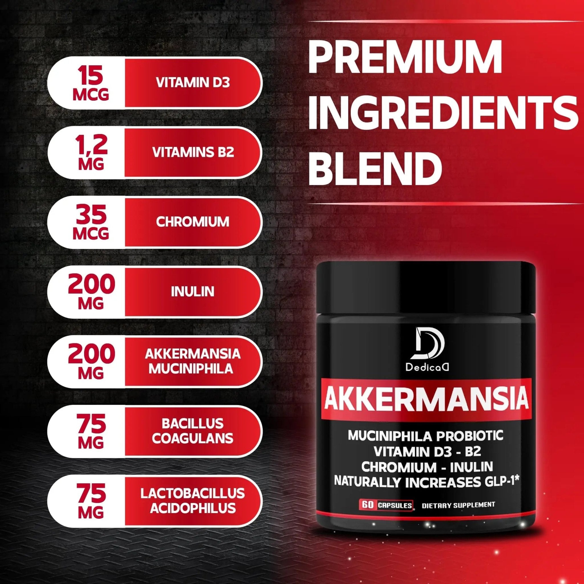 DEDICAD Akkermansia Probiotic for Increases GLP-1 - Contains Inulin, Bacillus Coagulans, Lactobacillus Acidophilus & Chromium - 60 Days Supply - 60 Capsules - TrustMedUSA