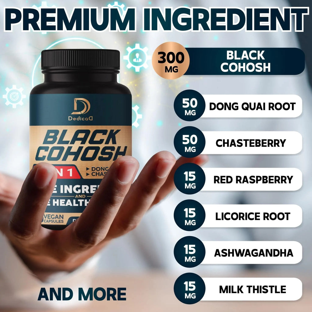 DEDICAD Black Cohosh Supplement - 3 Months for Menopause & Immune Health - Blend of 12 Potent Herb Includes Dong Quai, Chasteberry, Wild Yam, Red Clover, Black Pepper & Others - 90 Vegan Capsules - TrustMedUSA