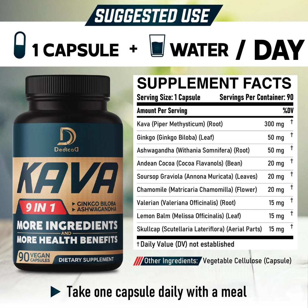 DEDICAD Kava Kava Capsules - 3 Month Supply - 9 Herbs with Ginkgo Biloba, Ashwagandha Root, Andean Cocoa, Graviola Leaf, Chamomile, Valerian, Lemon Balm & Skullcap - Support Mood & Immune - 90 Pills - TrustMedUSA