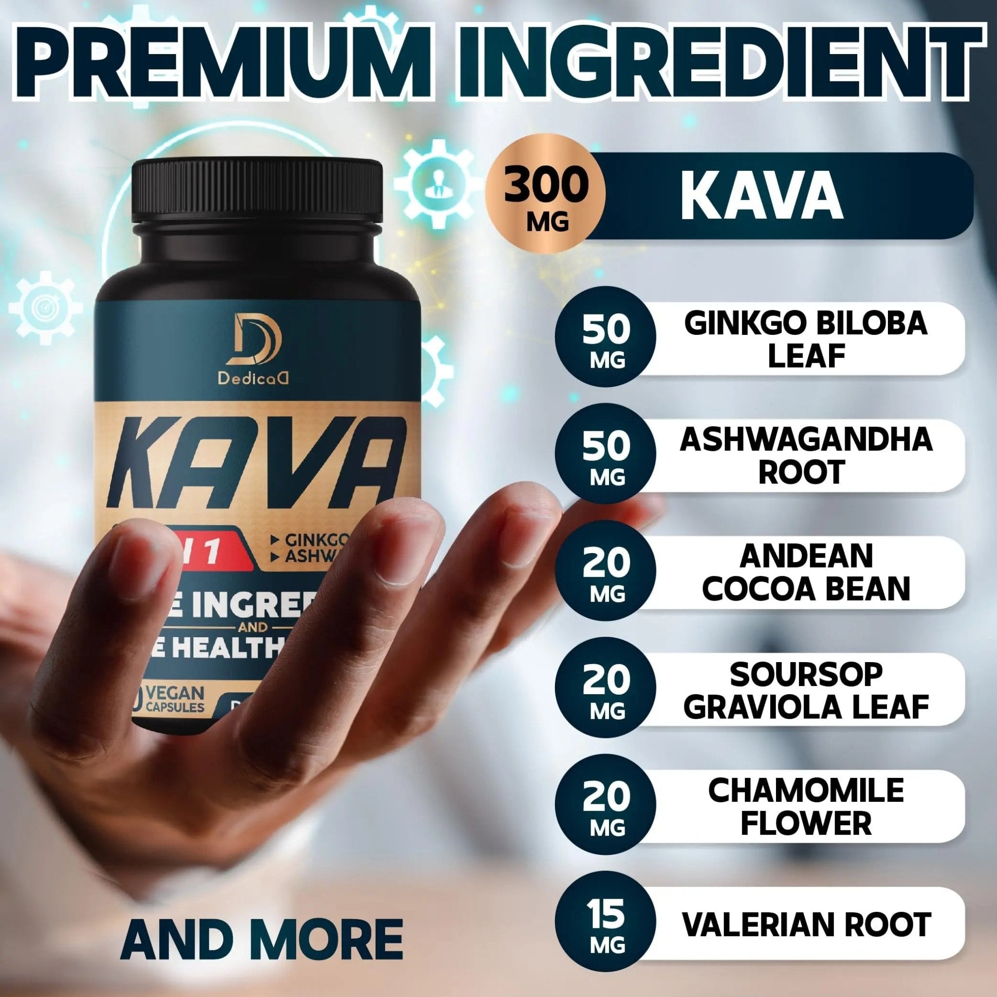 DEDICAD Kava Kava Capsules - 3 Month Supply - 9 Herbs with Ginkgo Biloba, Ashwagandha Root, Andean Cocoa, Graviola Leaf, Chamomile, Valerian, Lemon Balm & Skullcap - Support Mood & Immune - 90 Pills - TrustMedUSA