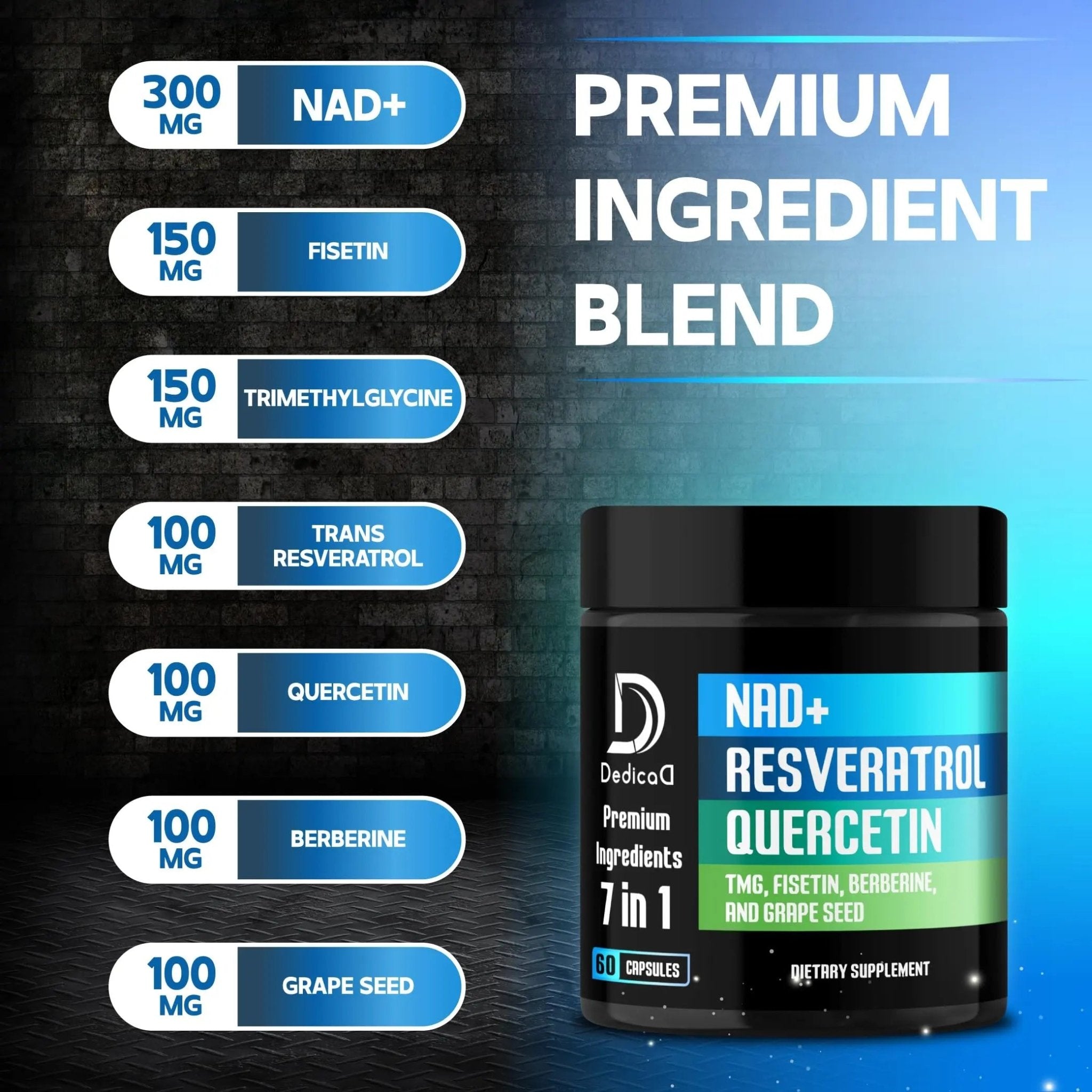 DEDICAD NAD.+ Supplement - Combined to Resveratrol, Quercetin, Berberine, Fisetin, TMG and Grape Seed - 60 Capsules - TrustMedUSA
