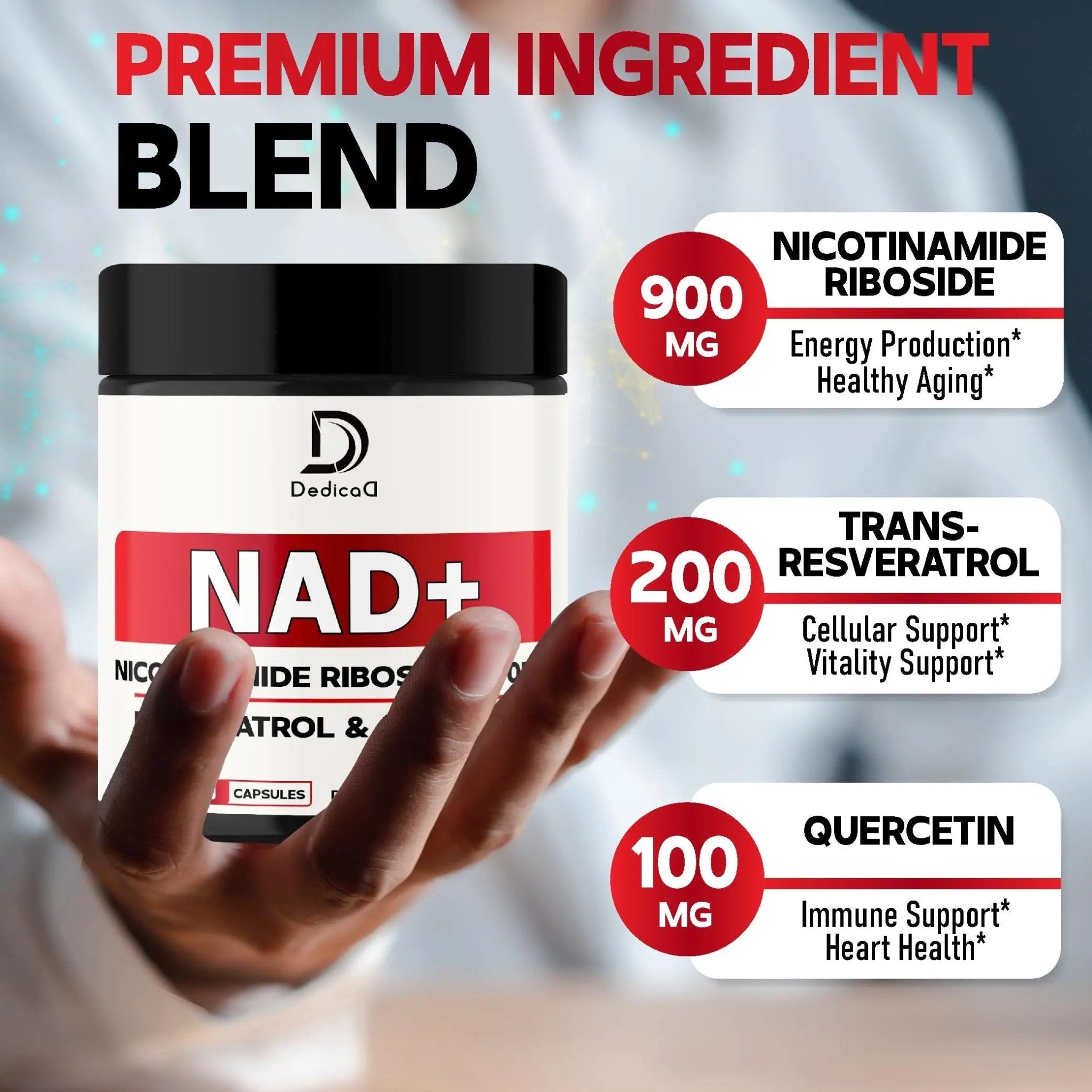 DEDICAD NAD Supplement with Nicotinamide Riboside, Trans-Resveratrol, Quercetin - Cellular Energy & Repair, Vitality, Healthy Aging - 60 Count - TrustMedUSA
