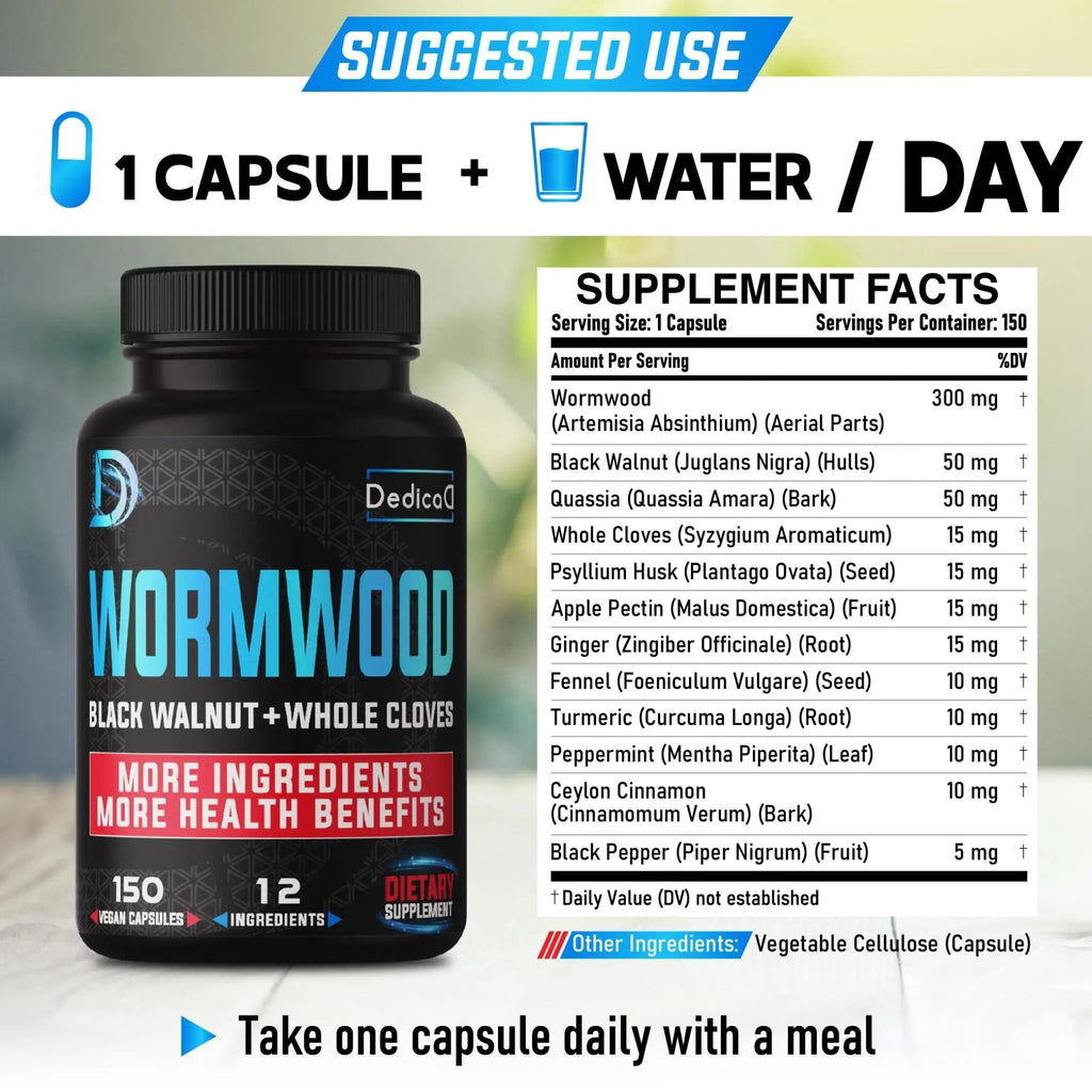 DEDICAD Premium Wormwood Extract Capsules - 5 Month Supply for Immune - 12 Herbs Blended with Black Walnut Leaves, Ginger, Turmeric & More - 150 Counts - TrustMedUSA