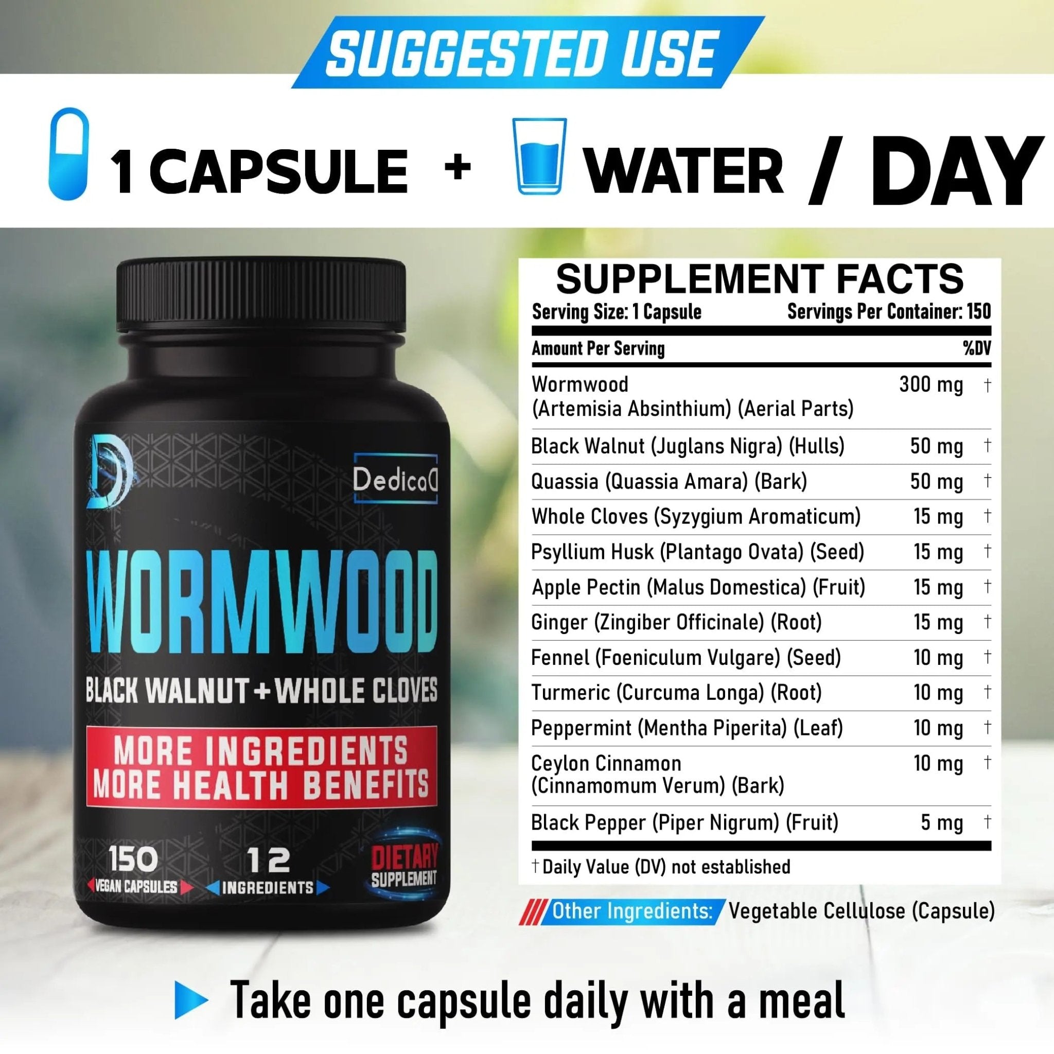 DEDICAD Premium Wormwood Extract Capsules - 5 Month Supply for Immune - 12 Herbs Blended with Black Walnut Leaves, Ginger, Turmeric & More - 150 Counts - TrustMedUSA