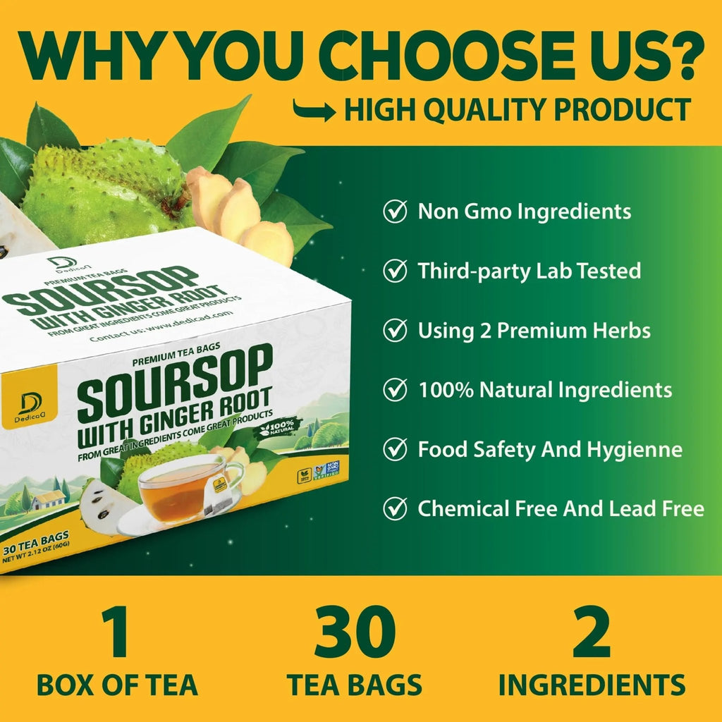 DEDICAD Soursop Leaves Tea Bags with Ginger, 30 Tea bags, 2gr/bag - Non-GMO/Caffeine free - Support Digestion, Well Skin, Immune System - TrustMedUSA