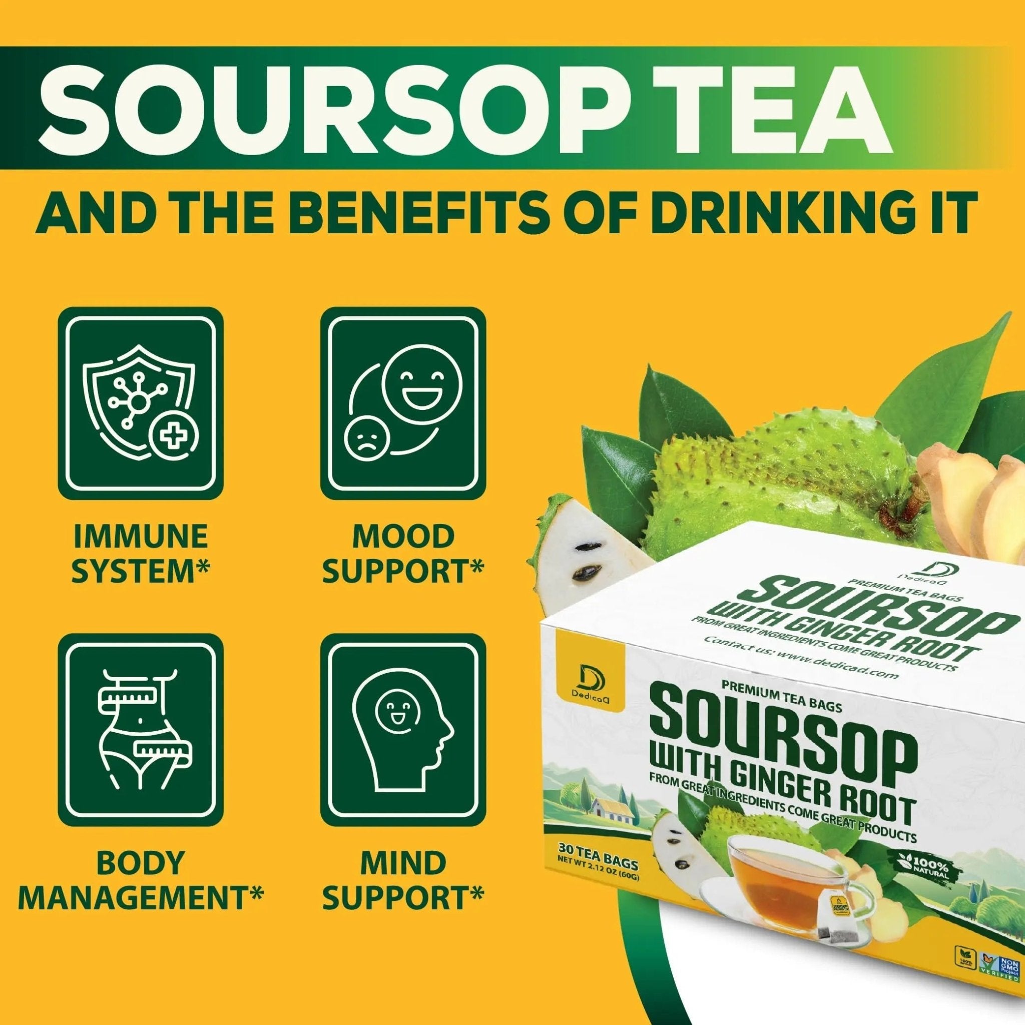 DEDICAD Soursop Leaves Tea Bags with Ginger, 30 Tea bags, 2gr/bag - Non-GMO/Caffeine free - Support Digestion, Well Skin, Immune System - TrustMedUSA