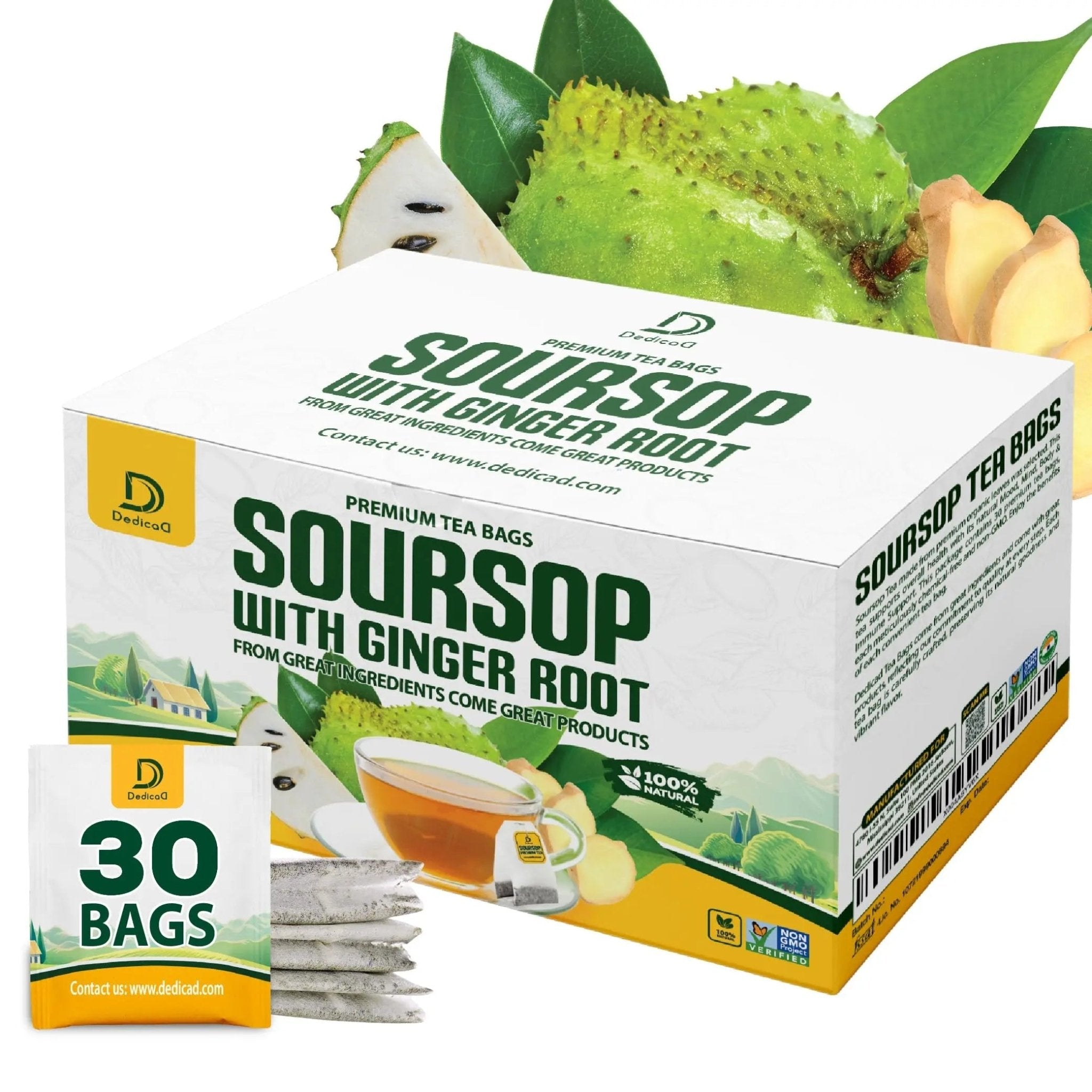 DEDICAD Soursop Leaves Tea Bags with Ginger, 30 Tea bags, 2gr/bag - Non-GMO/Caffeine free - Support Digestion, Well Skin, Immune System - TrustMedUSA