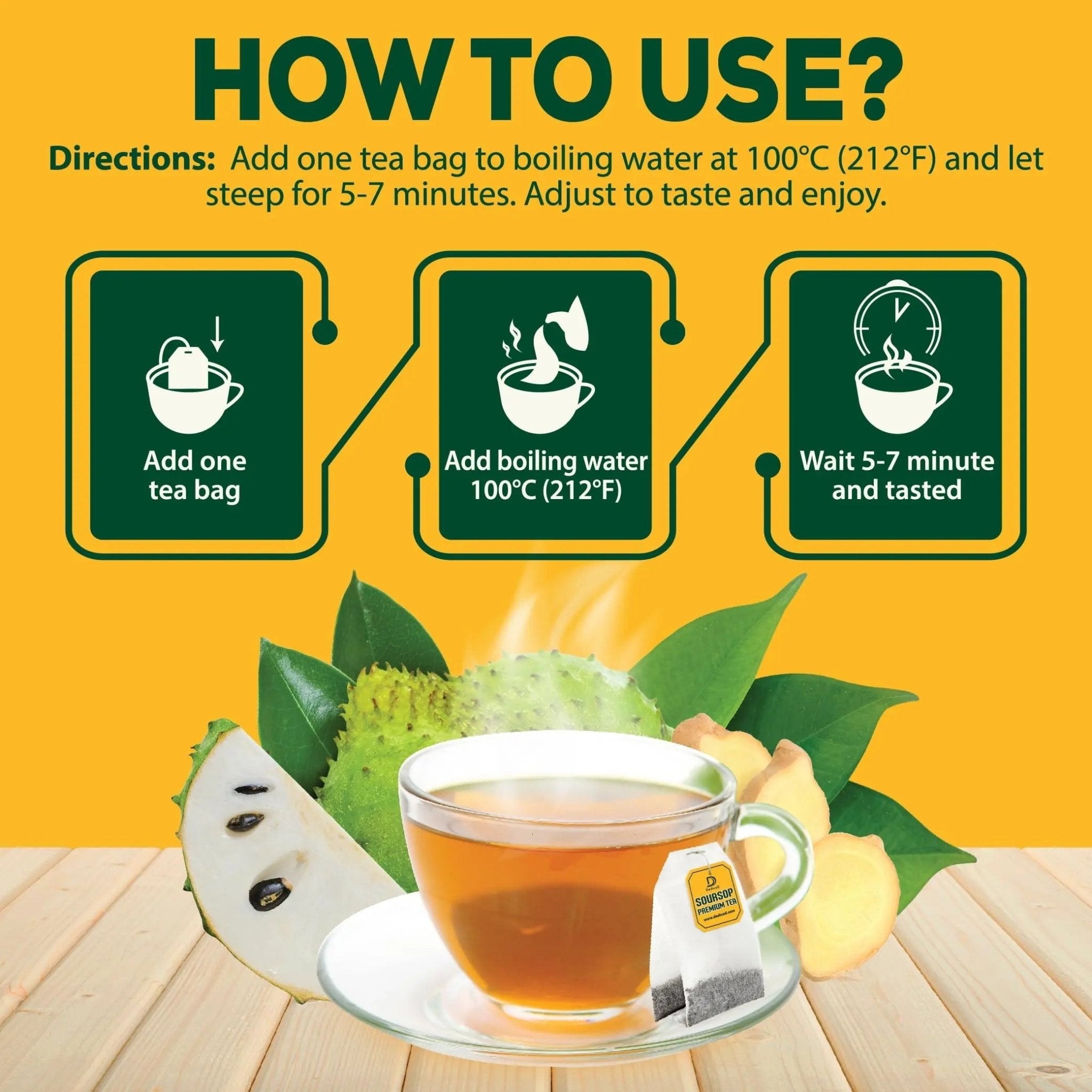 DEDICAD Soursop Leaves Tea Bags with Ginger, 30 Tea bags, 2gr/bag - Non-GMO/Caffeine free - Support Digestion, Well Skin, Immune System - TrustMedUSA