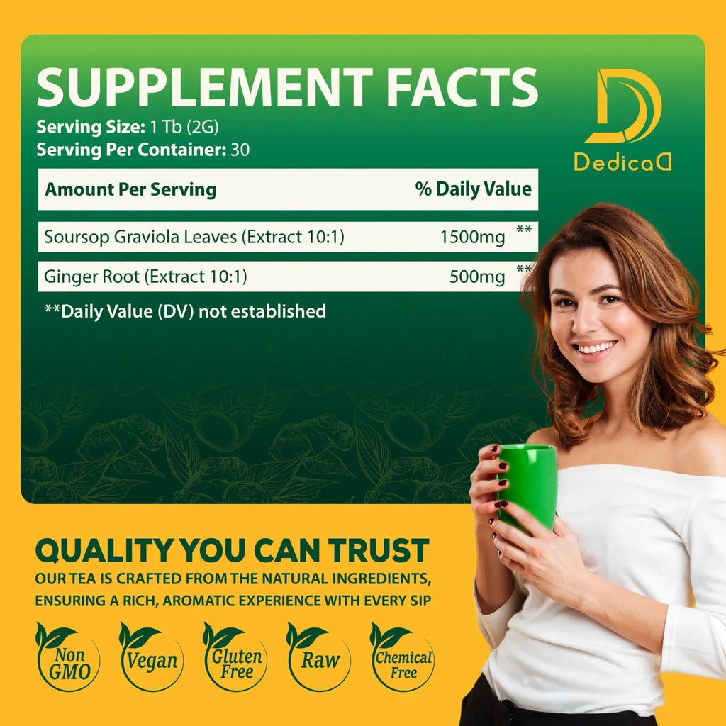 DEDICAD Soursop Leaves Tea Bags with Ginger, 30 Tea bags, 2gr/bag - Non-GMO/Caffeine free - Support Digestion, Well Skin, Immune System - TrustMedUSA