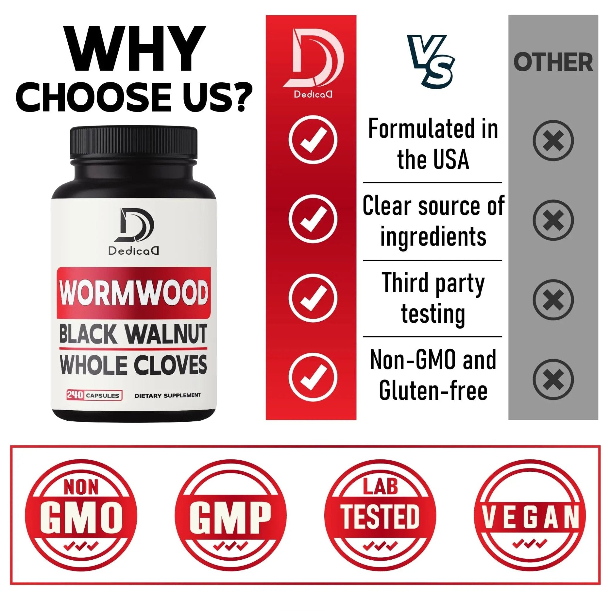 DEDICAD Sweet Wormwood Capsules 1500mg with Black Walnut & Cloves - 240 Vegan Capsules - Artemisia Annua Supplement for Immunity - TrustMedUSA