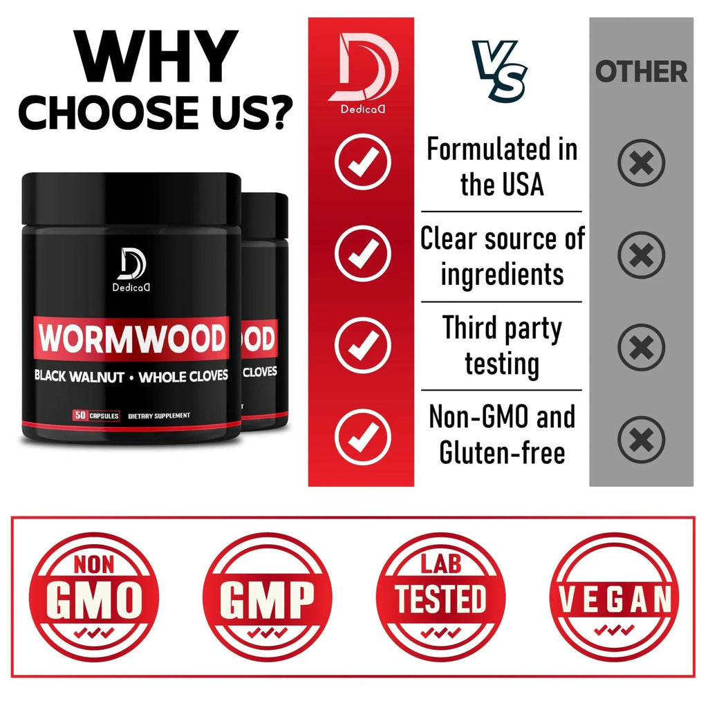 DEDICAD Wormwood Capsules - 12 Herbs Blended Black Walnut, Cloves, Ginger, Turmeric, Cinnamon, Apple, Quassia - 2 Packs 50 Capsules - TrustMedUSA