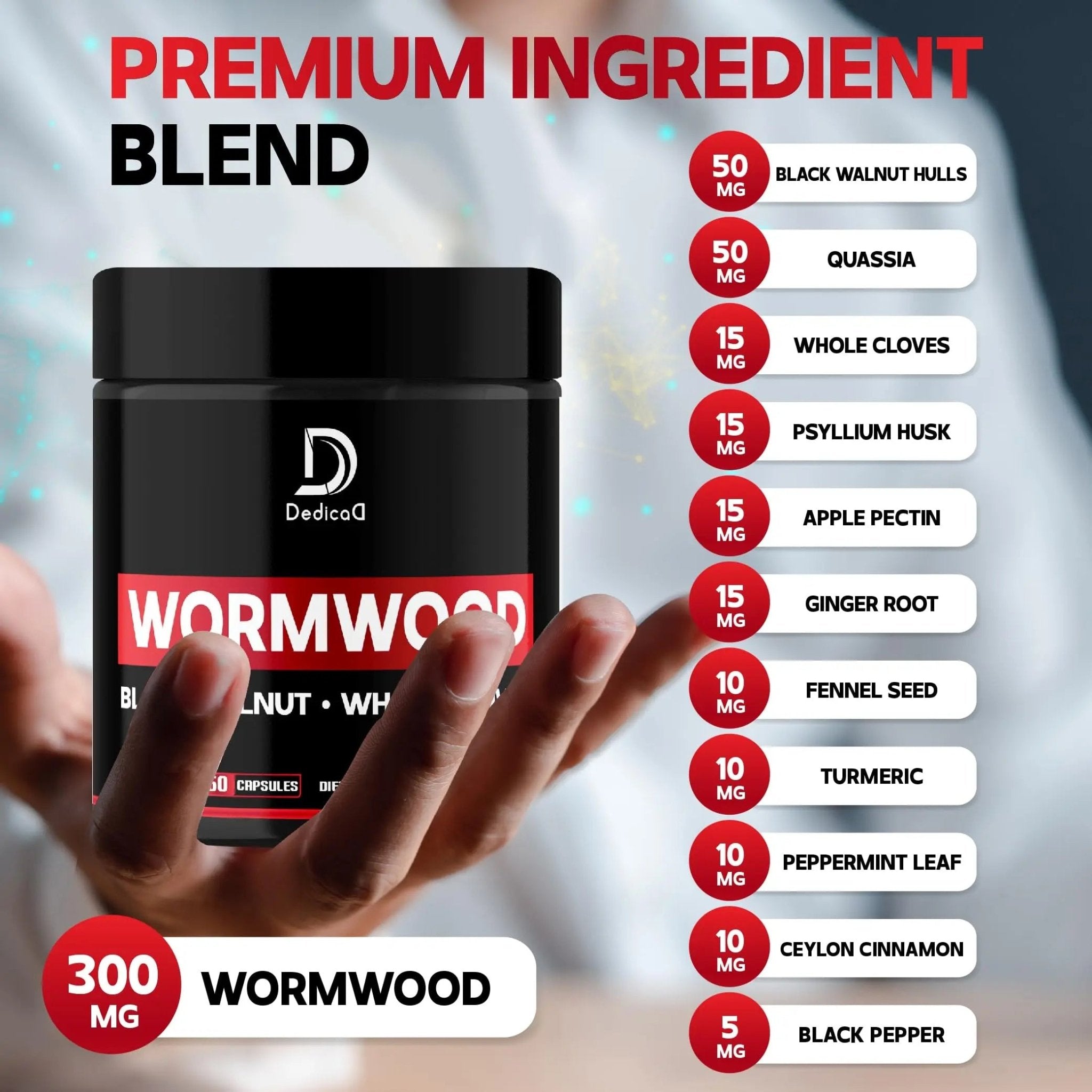 DEDICAD Wormwood Capsules - 12 Herbs Blended Black Walnut, Cloves, Ginger, Turmeric, Cinnamon, Apple, Quassia - 2 Packs 50 Capsules - TrustMedUSA