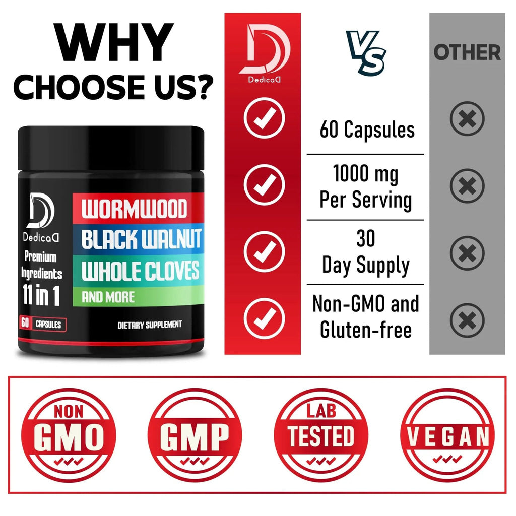 DEDICAD Wormwood Capsules Supplement - Extracted from Black Walnut, Cloves, Turmeric, Apple, Berberine HCl & More - 11 Ingredients Combined for Immune System, Body Management - 60 Capsules - TrustMedUSA