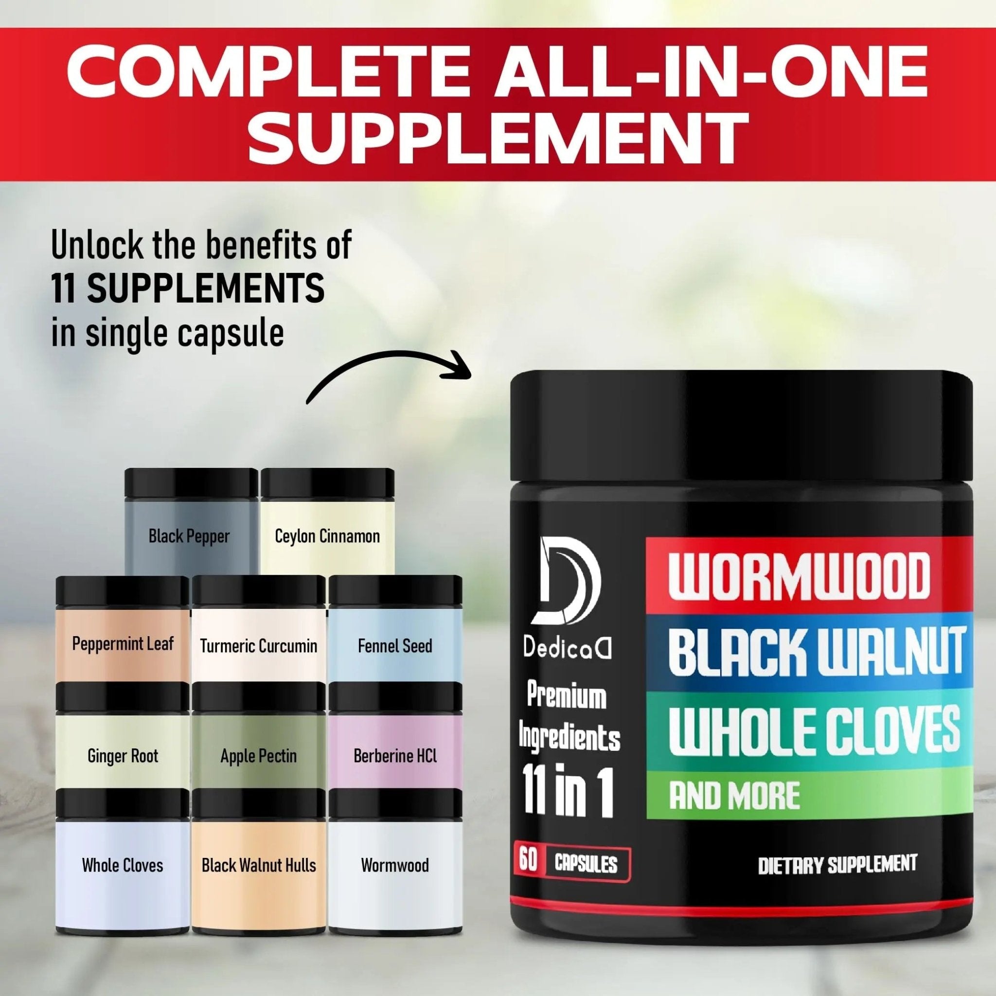 DEDICAD Wormwood Capsules Supplement - Extracted from Black Walnut, Cloves, Turmeric, Apple, Berberine HCl & More - 11 Ingredients Combined for Immune System, Body Management - 60 Capsules - TrustMedUSA