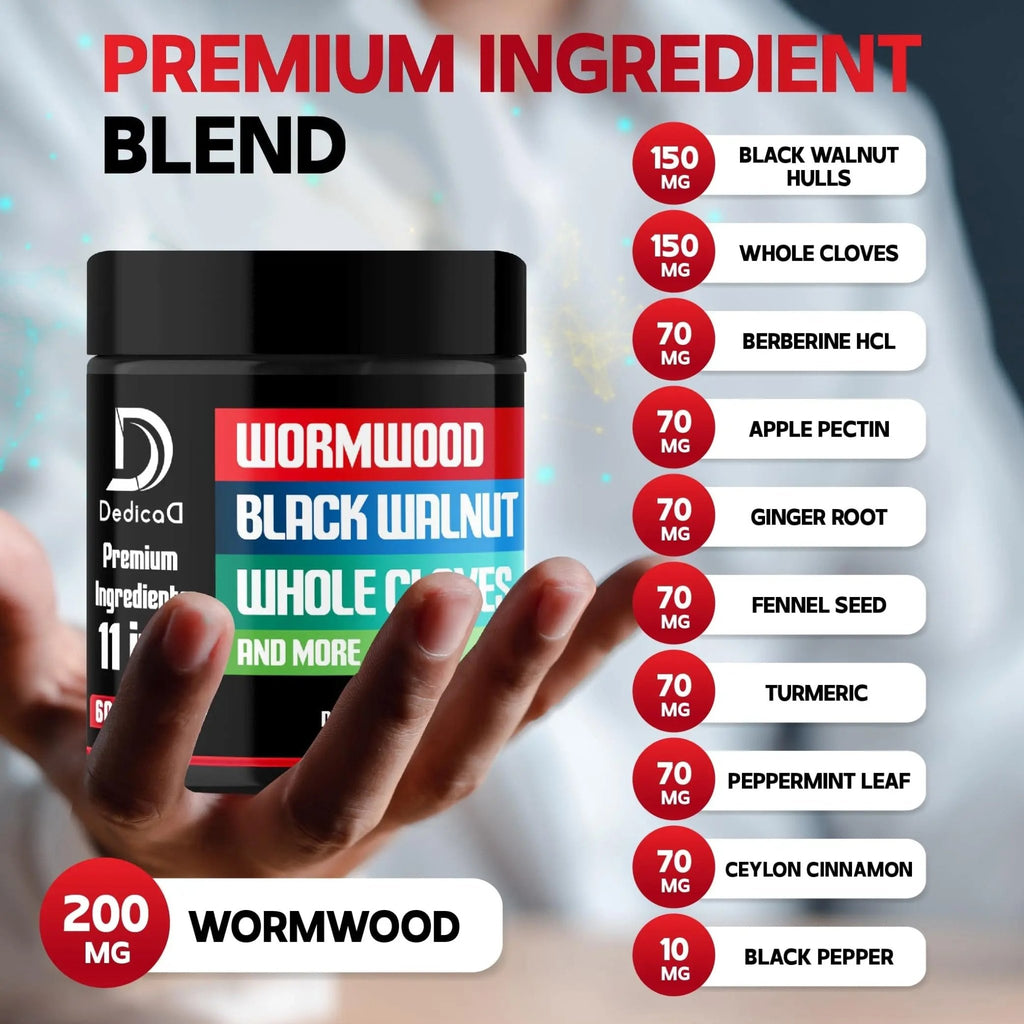 DEDICAD Wormwood Capsules Supplement - Extracted from Black Walnut, Cloves, Turmeric, Apple, Berberine HCl & More - 11 Ingredients Combined for Immune System, Body Management - 60 Capsules - TrustMedUSA