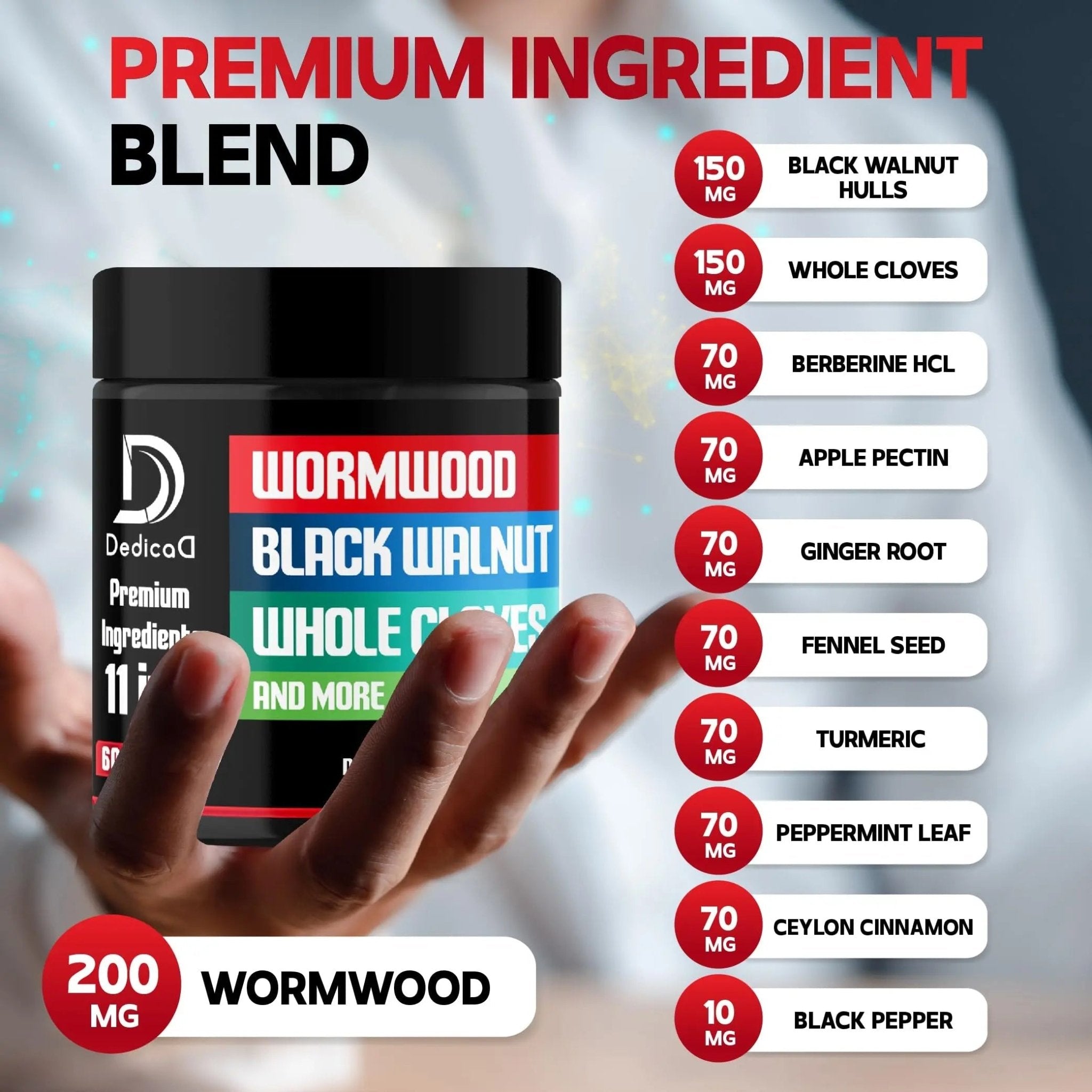 DEDICAD Wormwood Capsules Supplement - Extracted from Black Walnut, Cloves, Turmeric, Apple, Berberine HCl & More - 11 Ingredients Combined for Immune System, Body Management - 60 Capsules - TrustMedUSA