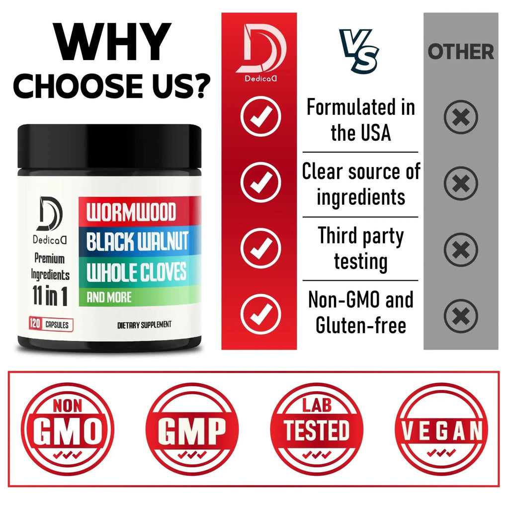 DEDICAD Wormwood Supplement - 120 Capsules Extracted from Black Walnut, Cloves, Turmeric, Apple, Berberine HCl & More - 11 Ingredients Combined for Immune System - 2-Month Supply - TrustMedUSA