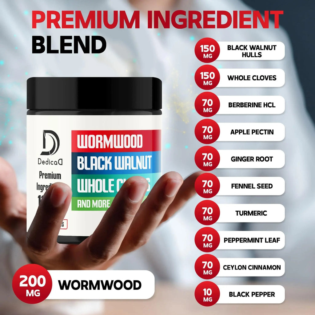 DEDICAD Wormwood Supplement - 120 Capsules Extracted from Black Walnut, Cloves, Turmeric, Apple, Berberine HCl & More - 11 Ingredients Combined for Immune System - 2-Month Supply - TrustMedUSA