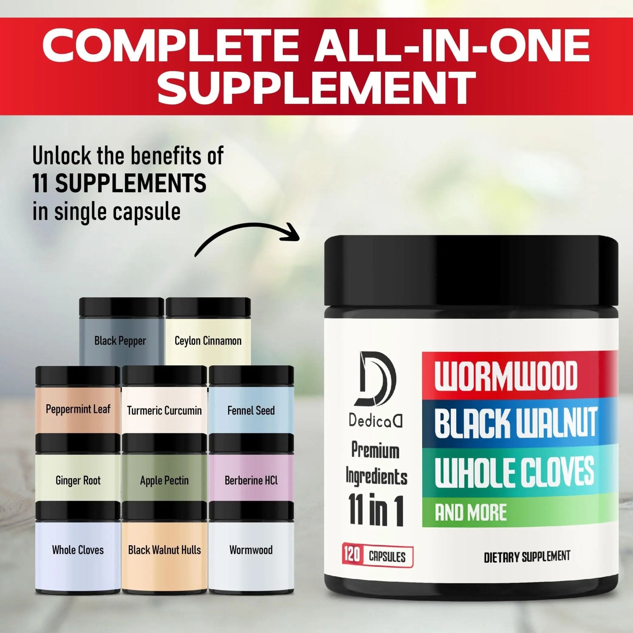 DEDICAD Wormwood Supplement - 120 Capsules Extracted from Black Walnut, Cloves, Turmeric, Apple, Berberine HCl & More - 11 Ingredients Combined for Immune System - 2-Month Supply - TrustMedUSA
