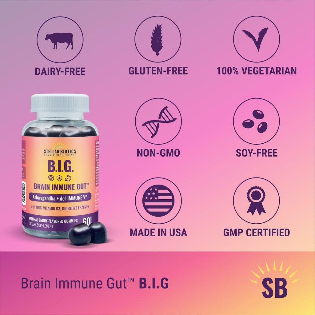 Del-Immune V + Ashwagandha - Brain Immune Gut™ (B.I.G.) Gummy - All Natural Immune & Gut Support with Zinc, Vitamin D3 + Digestive Enzymes (60 Gummies) - TrustMedUSA