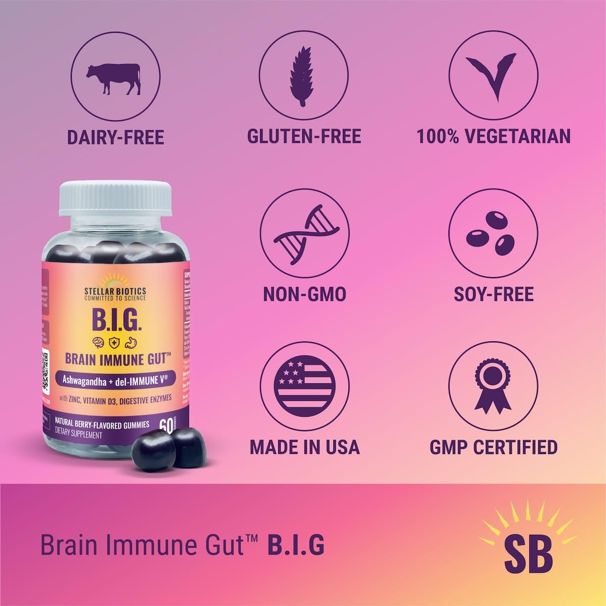 Del-Immune V + Ashwagandha - Brain Immune Gut™ (B.I.G.) Gummy - All Natural Immune & Gut Support with Zinc, Vitamin D3 + Digestive Enzymes (60 Gummies) - TrustMedUSA