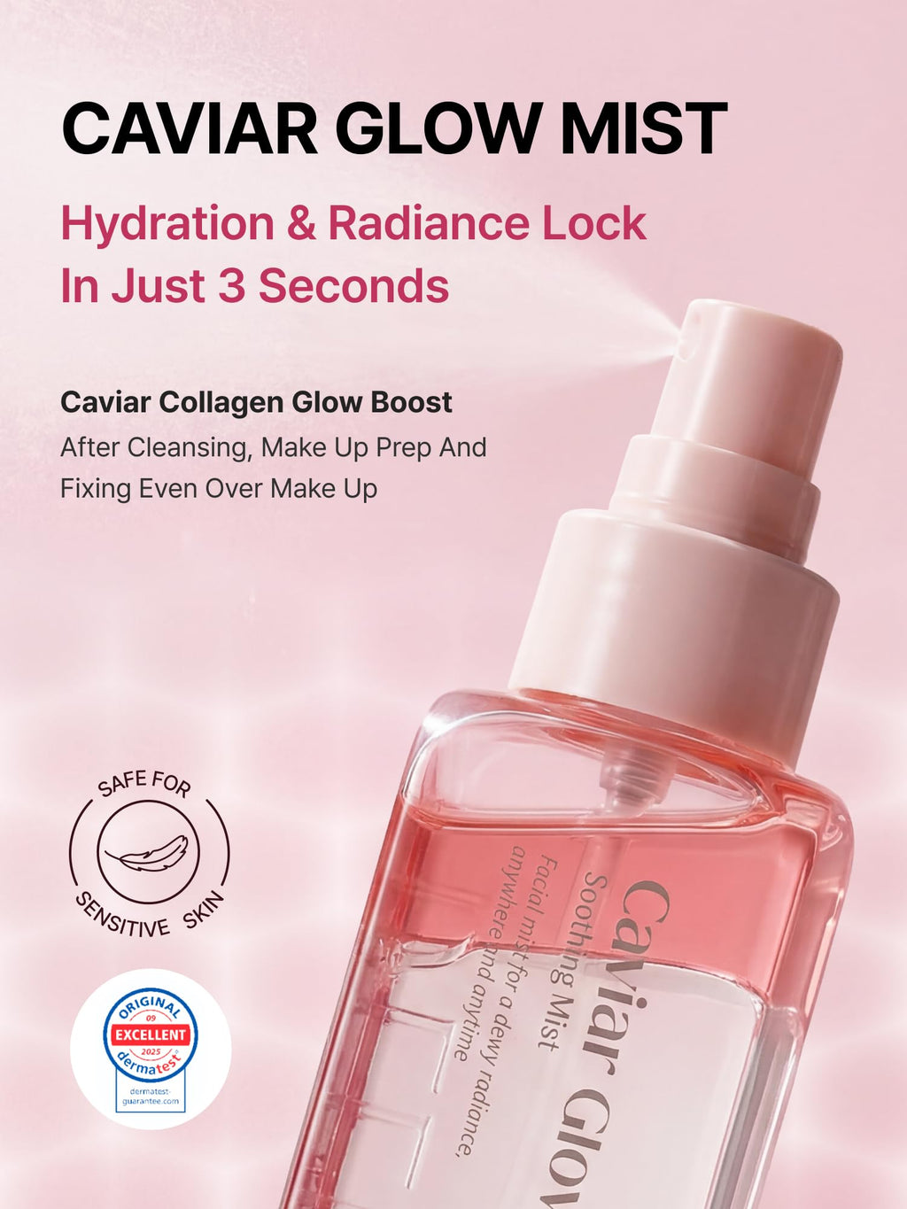 Delere Caviar Glow Soothing Mist | Korean Glass Skin Spray Serum with 5% Caviar & Squalane - Instant 3-Second Radiance & Makeup Setting – Anti-Aging Collagen Booster for Sensitive Skin, 3.4oz - Maple Wellness Supplements