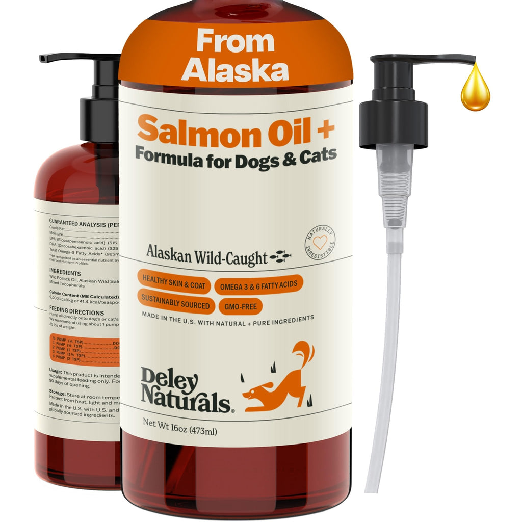 Deley Naturals Wild Alaskan Salmon Oil for Dogs & Cats - New and Improved Salmon Oil Plus Formula - Fish Oil for Dogs with Omega 3, DHA and EPA - Omega 3 for Healthy Skin and Coat - 16oz Made in USA - TrustMedUSA