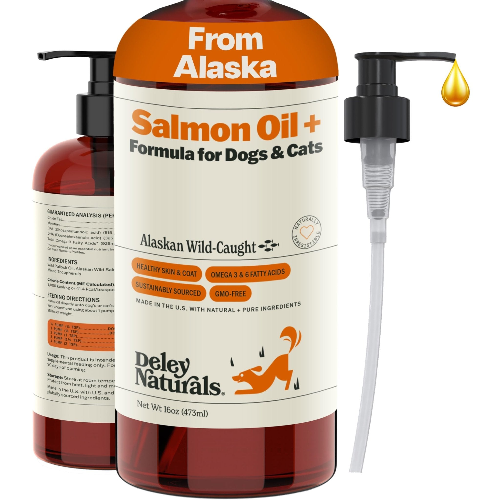 Deley Naturals Wild Alaskan Salmon Oil for Dogs & Cats - New and Improved Salmon Oil Plus Formula - Fish Oil for Dogs with Omega 3, DHA and EPA - Omega 3 for Healthy Skin and Coat - 16oz Made in USA - TrustMedUSA