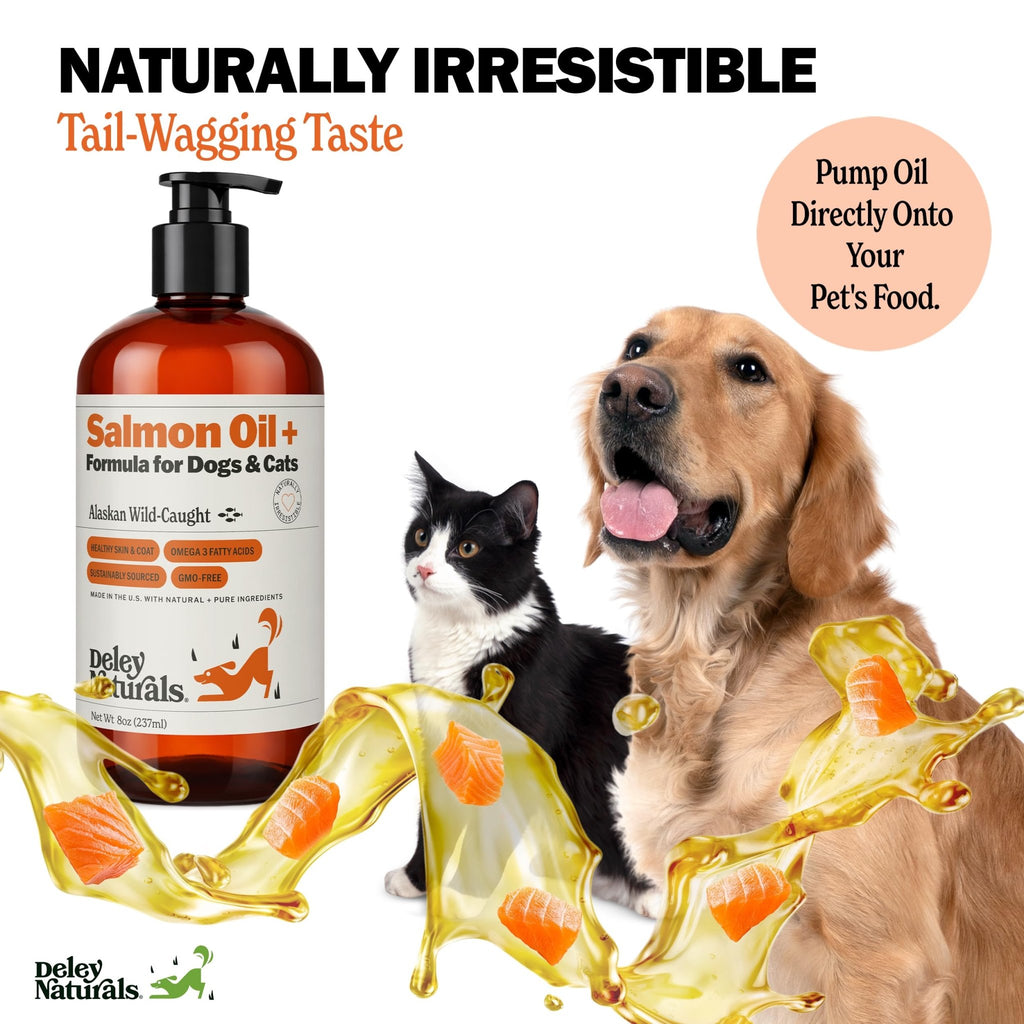 Deley Naturals Wild Alaskan Salmon Oil for Dogs & Cats - New and Improved Salmon Oil Plus Formula - Fish Oil for Dogs with Omega 3, DHA and EPA - Omega 3 for Healthy Skin and Coat - 8oz Made in USA - TrustMedUSA