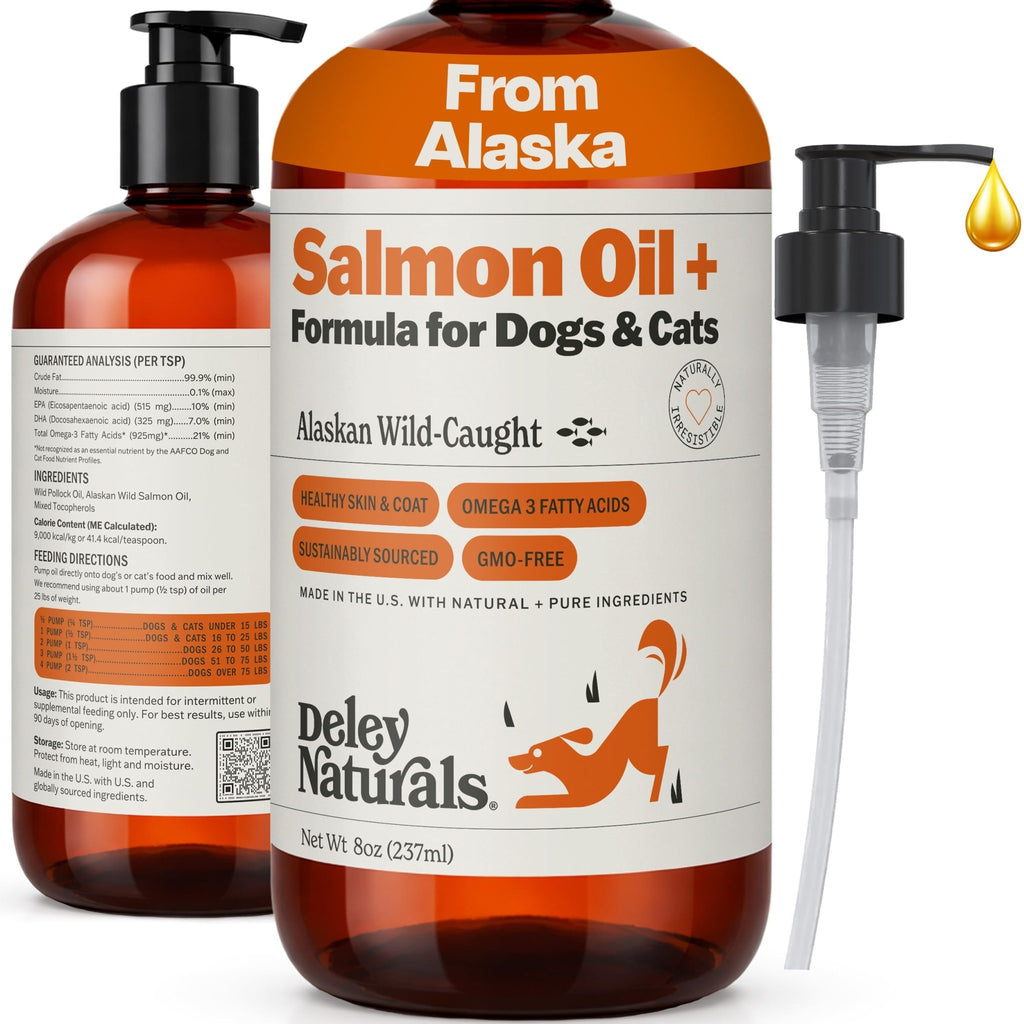 Deley Naturals Wild Alaskan Salmon Oil for Dogs & Cats - New and Improved Salmon Oil Plus Formula - Fish Oil for Dogs with Omega 3, DHA and EPA - Omega 3 for Healthy Skin and Coat - 8oz Made in USA - TrustMedUSA