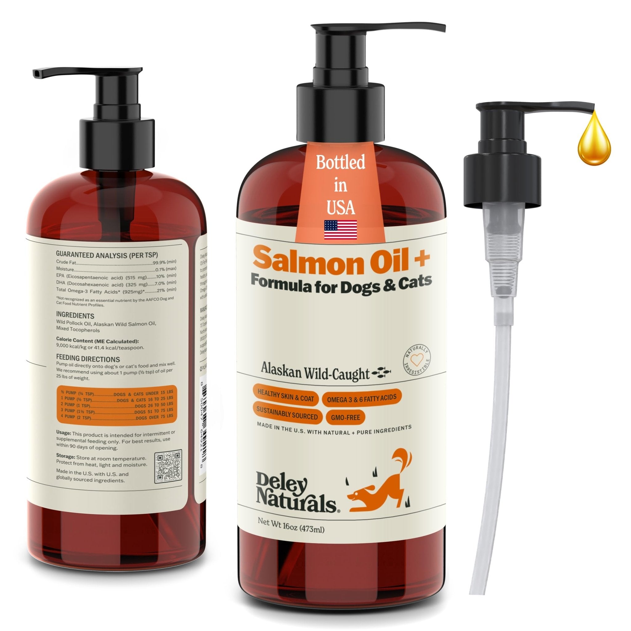 Deley Naturals Wild Alaskan Salmon Oil for Dogs & Cats - New and Improved Salmon Oil Plus Formula - Fish Oil for Dogs with Omega 3, DHA and EPA - Omega 3 for Healthy Skin and Coat - 16oz Made in USA - TrustMedUSA