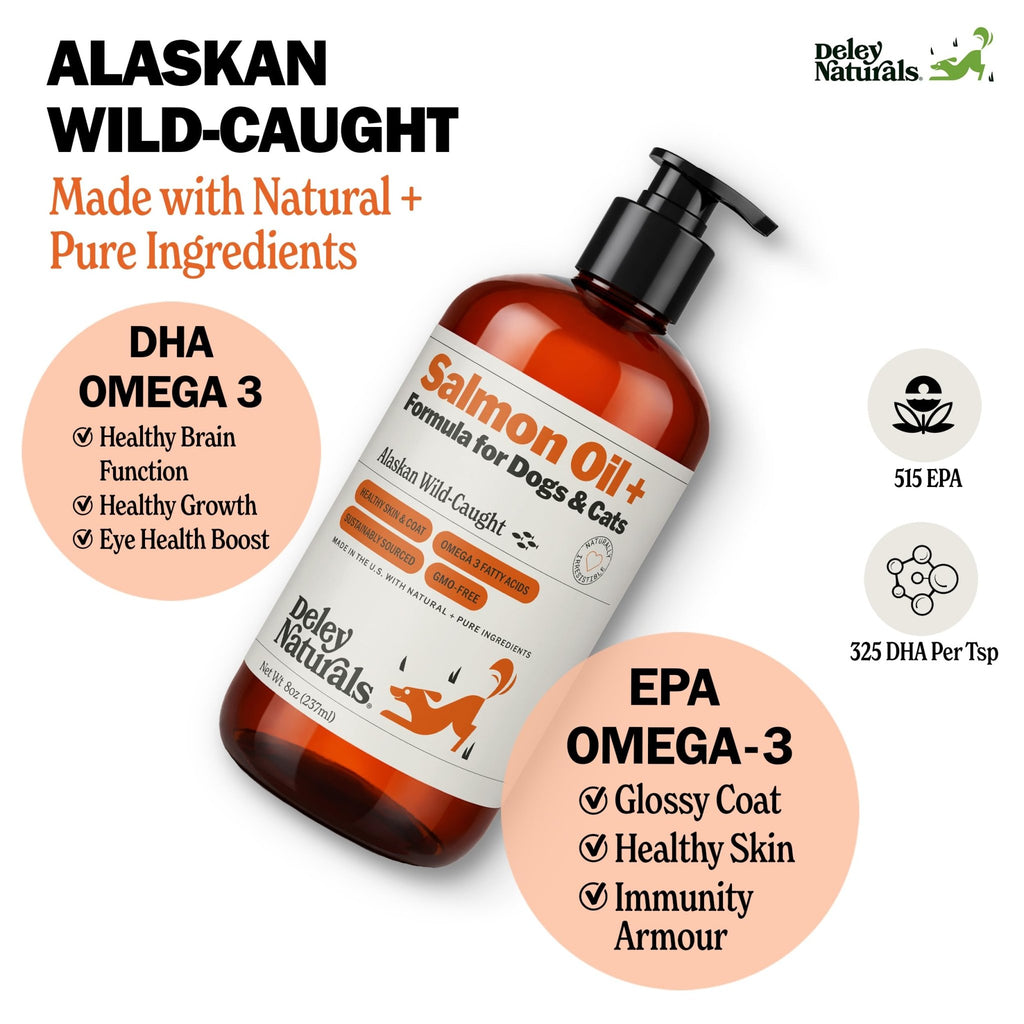 Deley Naturals Wild Alaskan Salmon Oil for Dogs & Cats - New and Improved Salmon Oil Plus Formula - Fish Oil for Dogs with Omega 3, DHA and EPA - Omega 3 for Healthy Skin and Coat - 8oz Made in USA - TrustMedUSA