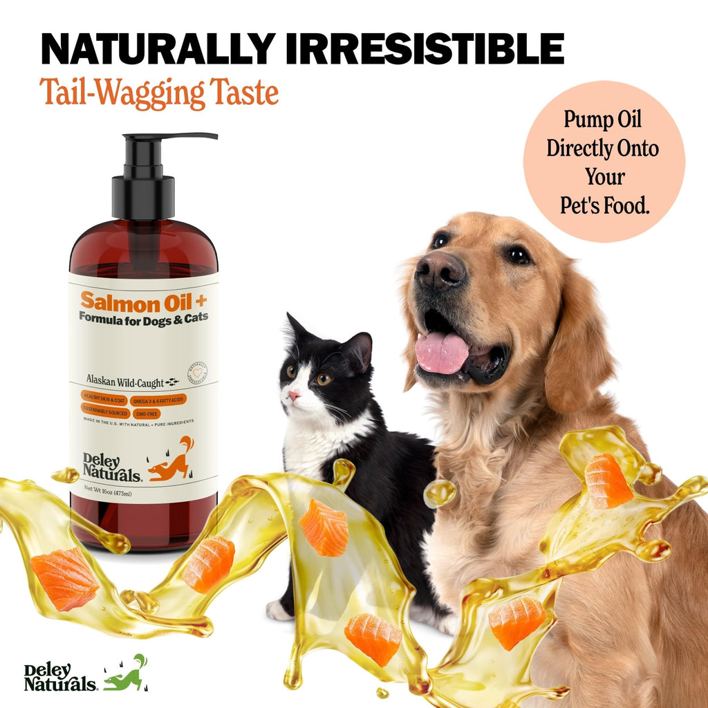 Deley Naturals Wild Alaskan Salmon Oil for Dogs & Cats - New and Improved Salmon Oil Plus Formula - Fish Oil for Dogs with Omega 3, DHA and EPA - Omega 3 for Healthy Skin and Coat - 16oz Made in USA - TrustMedUSA