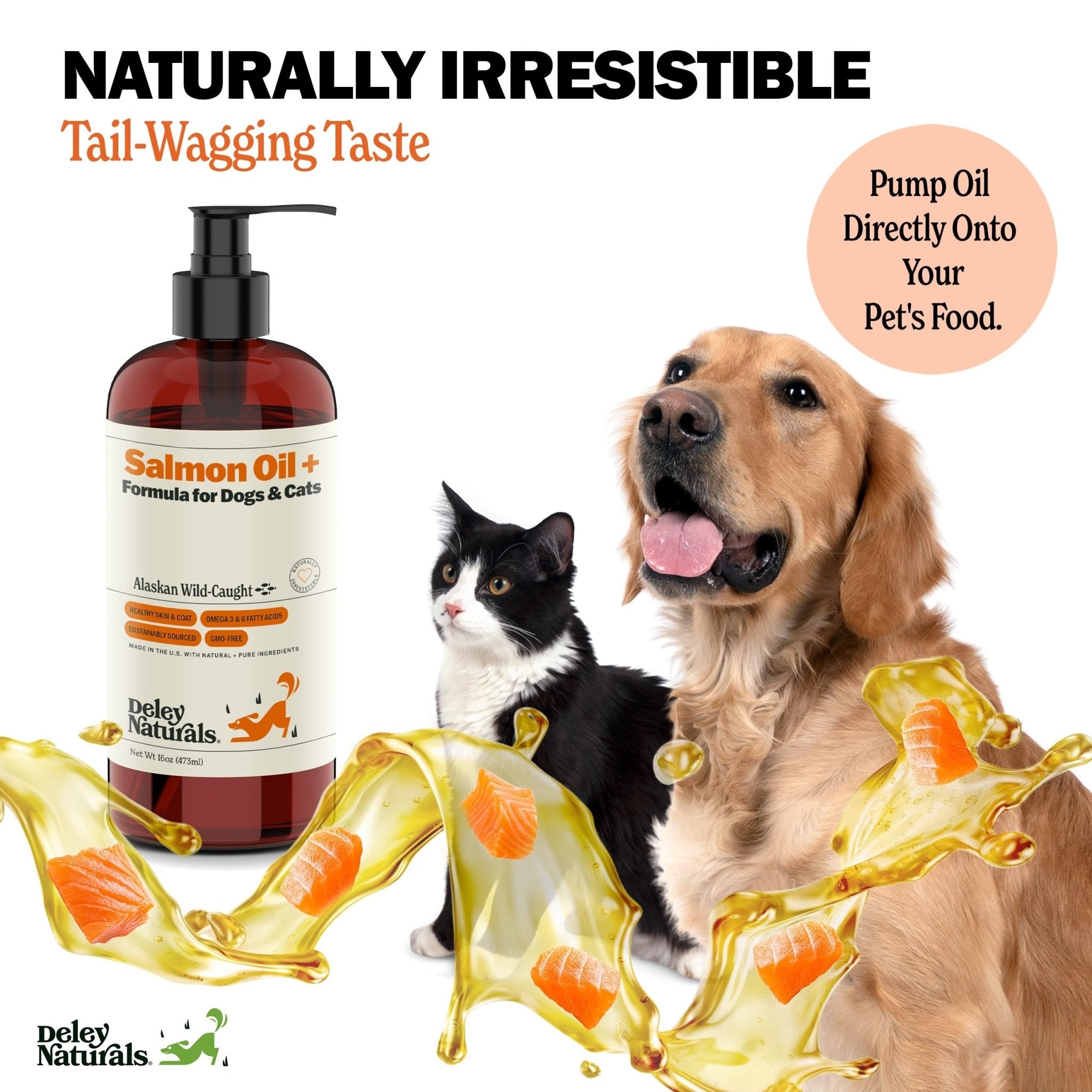 Deley Naturals Wild Alaskan Salmon Oil for Dogs & Cats - New and Improved Salmon Oil Plus Formula - Fish Oil for Dogs with Omega 3, DHA and EPA - Omega 3 for Healthy Skin and Coat - 16oz Made in USA - TrustMedUSA