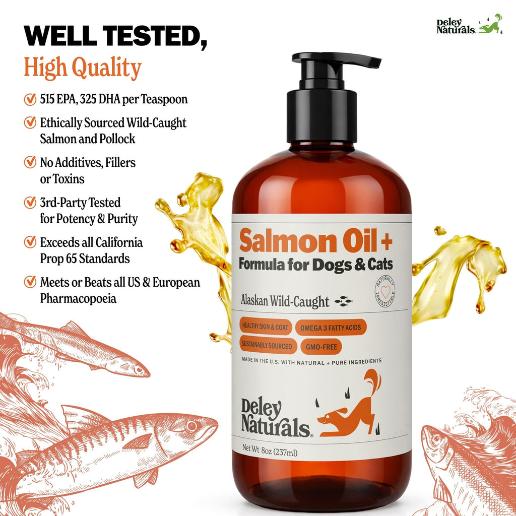 Deley Naturals Wild Alaskan Salmon Oil for Dogs & Cats - New and Improved Salmon Oil Plus Formula - Fish Oil for Dogs with Omega 3, DHA and EPA - Omega 3 for Healthy Skin and Coat - 8oz Made in USA - TrustMedUSA