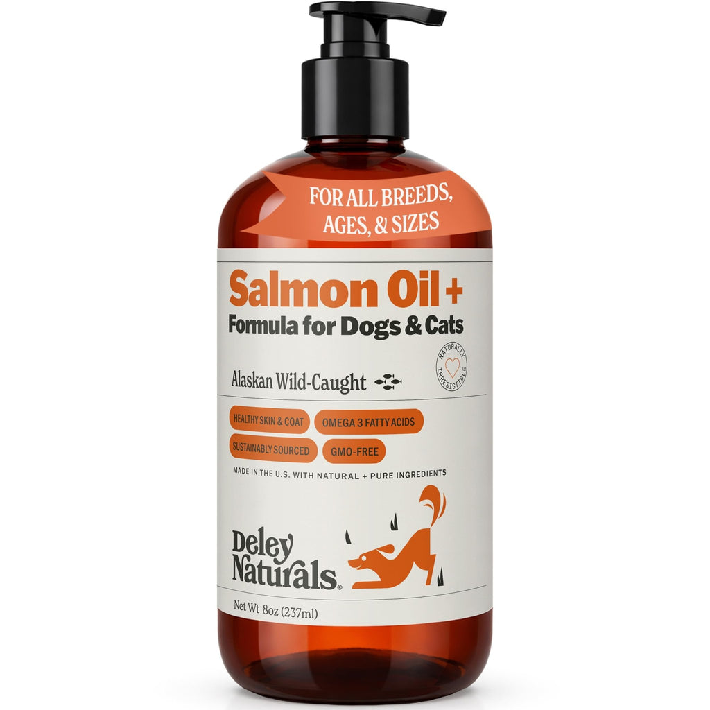 Deley Naturals Wild Alaskan Salmon Oil for Dogs & Cats - New and Improved Salmon Oil Plus Formula - Fish Oil for Dogs with Omega 3, DHA and EPA - Omega 3 for Healthy Skin and Coat - 8oz Made in USA - TrustMedUSA