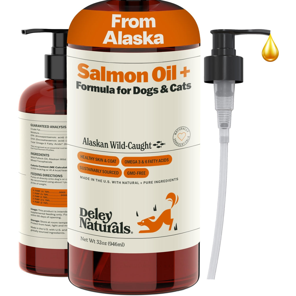 Deley Naturals Wild Alaskan Salmon Oil for Dogs & Cats - New and Improved Salmon Oil Plus Formula - Fish Oil for Dogs with Omega 3, DHA and EPA - Omega 3 for Healthy Skin and Coat - 32oz Made in USA - TrustMedUSA