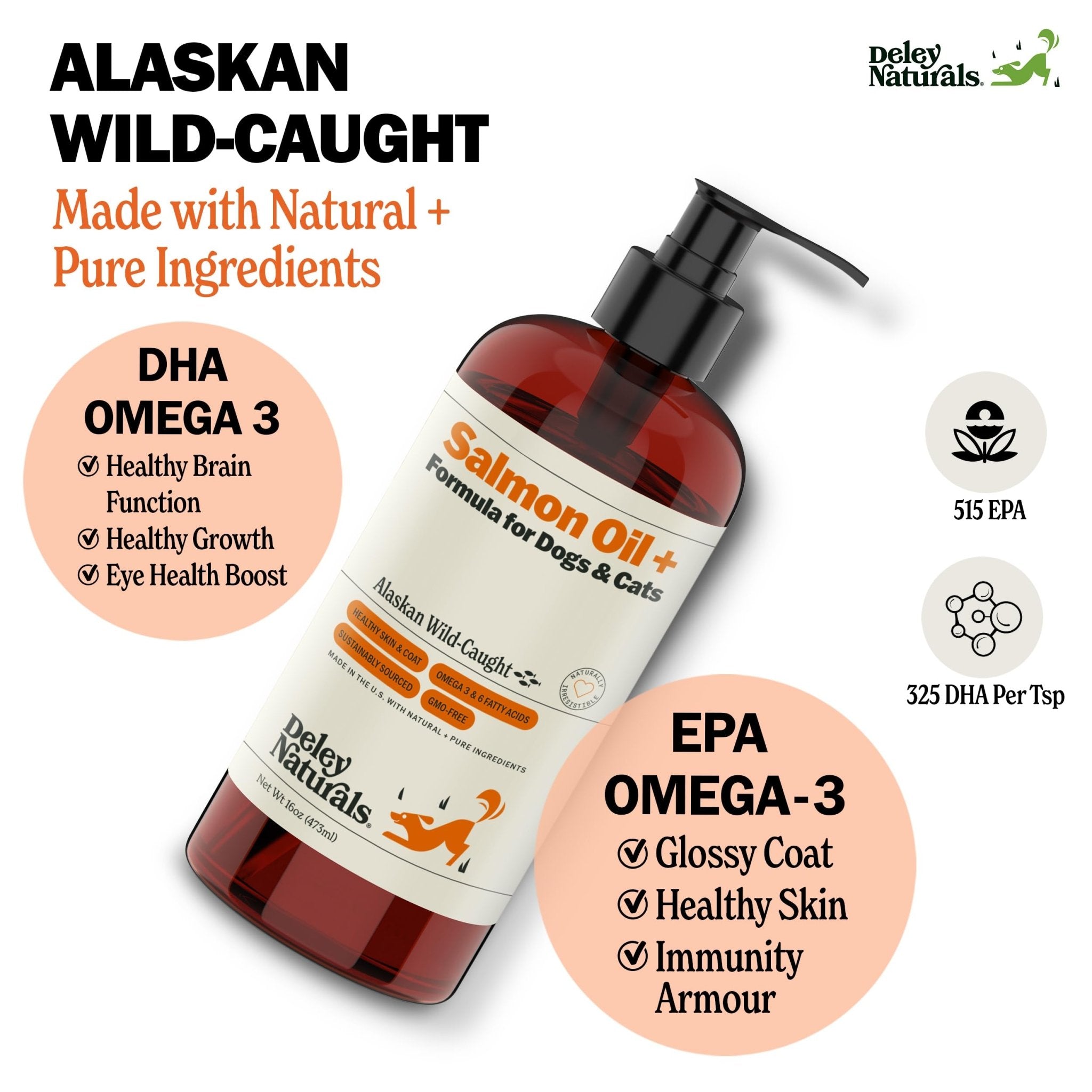 Deley Naturals Wild Alaskan Salmon Oil for Dogs & Cats - New and Improved Salmon Oil Plus Formula - Fish Oil for Dogs with Omega 3, DHA and EPA - Omega 3 for Healthy Skin and Coat - 16oz Made in USA - TrustMedUSA