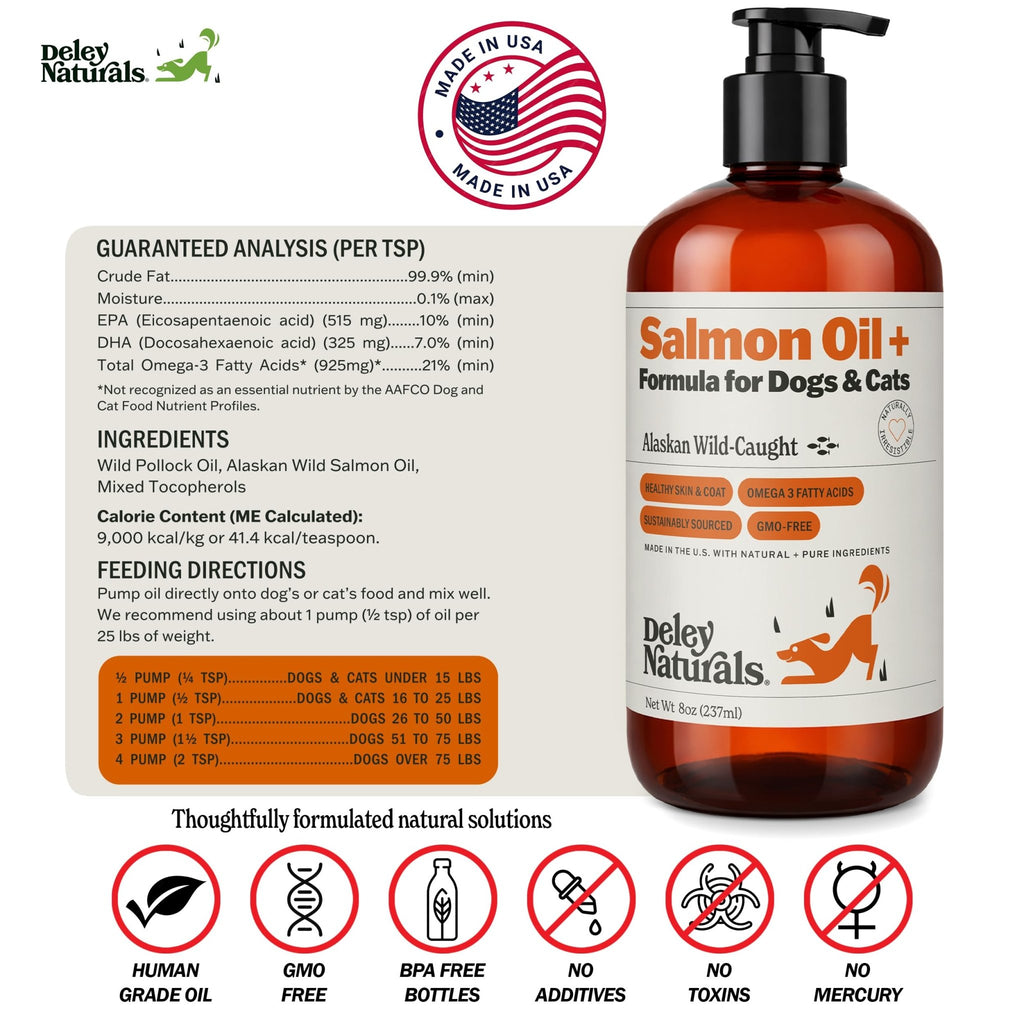 Deley Naturals Wild Alaskan Salmon Oil for Dogs & Cats - New and Improved Salmon Oil Plus Formula - Fish Oil for Dogs with Omega 3, DHA and EPA - Omega 3 for Healthy Skin and Coat - 8oz Made in USA - TrustMedUSA