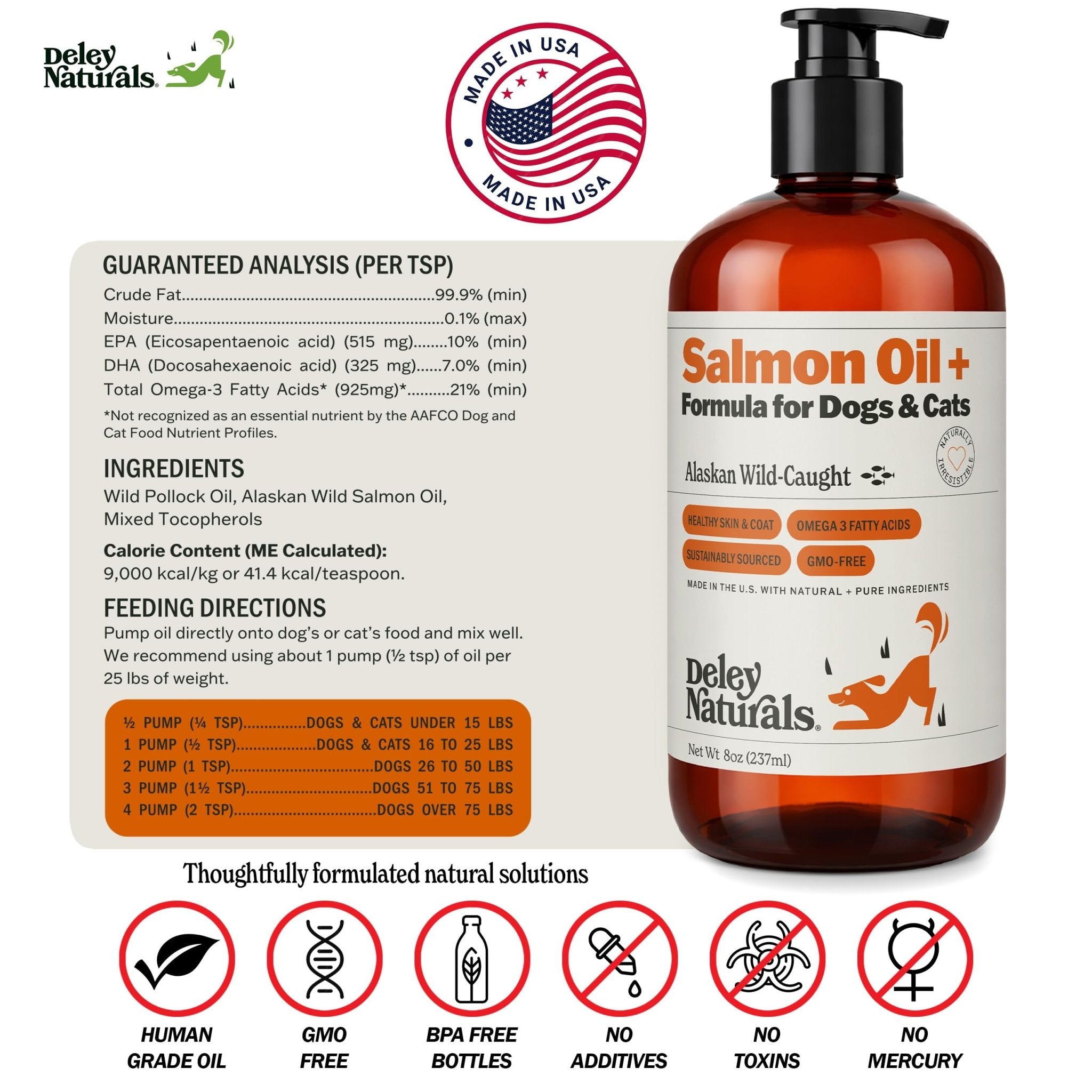 Deley Naturals Wild Alaskan Salmon Oil for Dogs & Cats - New and Improved Salmon Oil Plus Formula - Fish Oil for Dogs with Omega 3, DHA and EPA - Omega 3 for Healthy Skin and Coat - 8oz Made in USA - TrustMedUSA