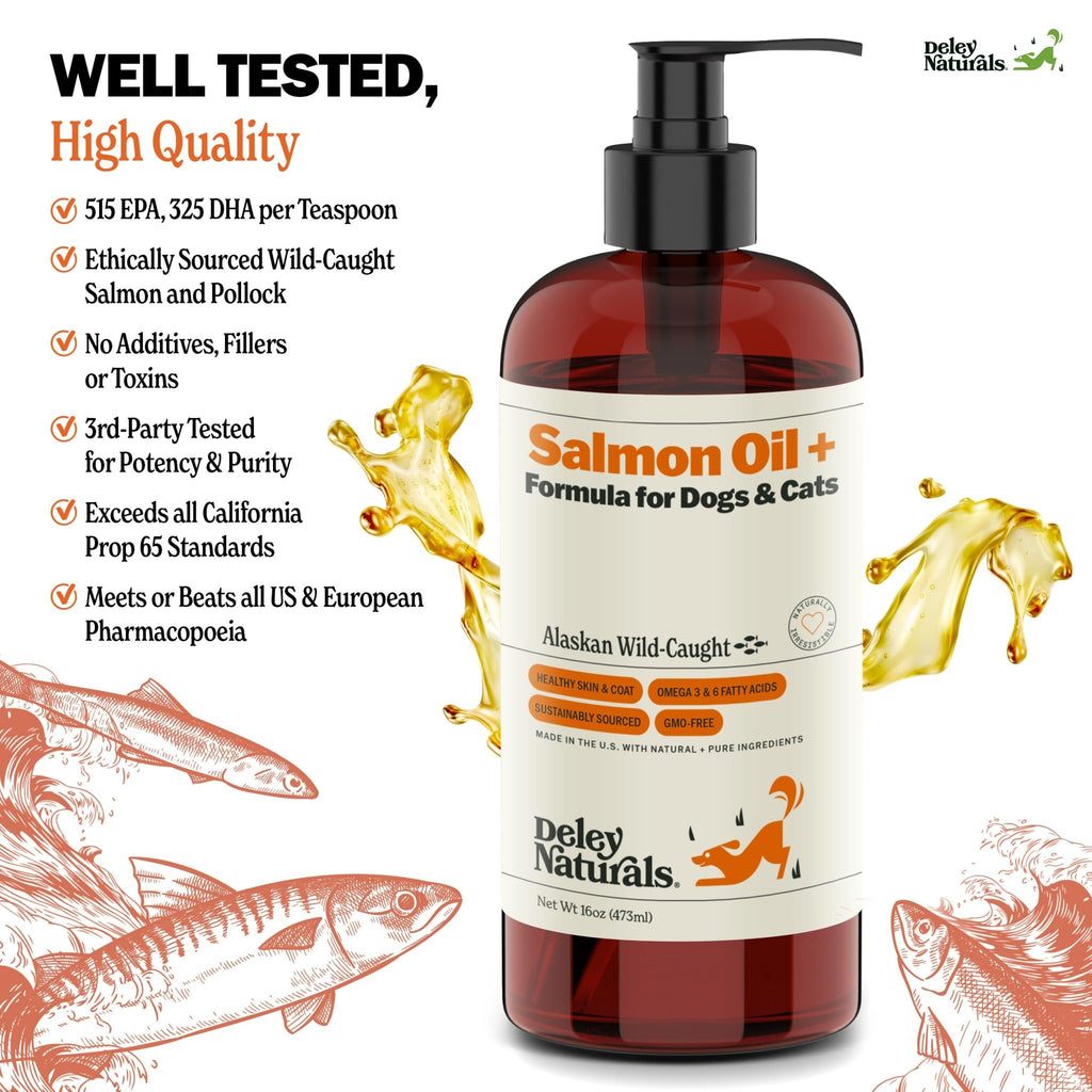 Deley Naturals Wild Alaskan Salmon Oil for Dogs & Cats - New and Improved Salmon Oil Plus Formula - Fish Oil for Dogs with Omega 3, DHA and EPA - Omega 3 for Healthy Skin and Coat - 16oz Made in USA - TrustMedUSA