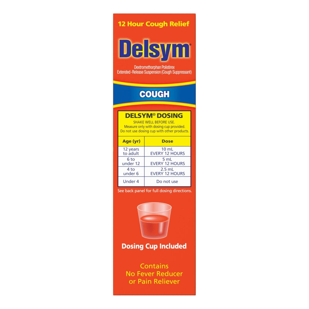 Delsym 12 Hour Cough Medicine for Adults, Powerful Relief for 12 Hours, Cough Suppressant Liquid with Extended-Release Dextromethorphan, Orange Flavor Liquid Cough Syrup, 5 Fl Oz (Pack of 1) - Maple Wellness Supplements