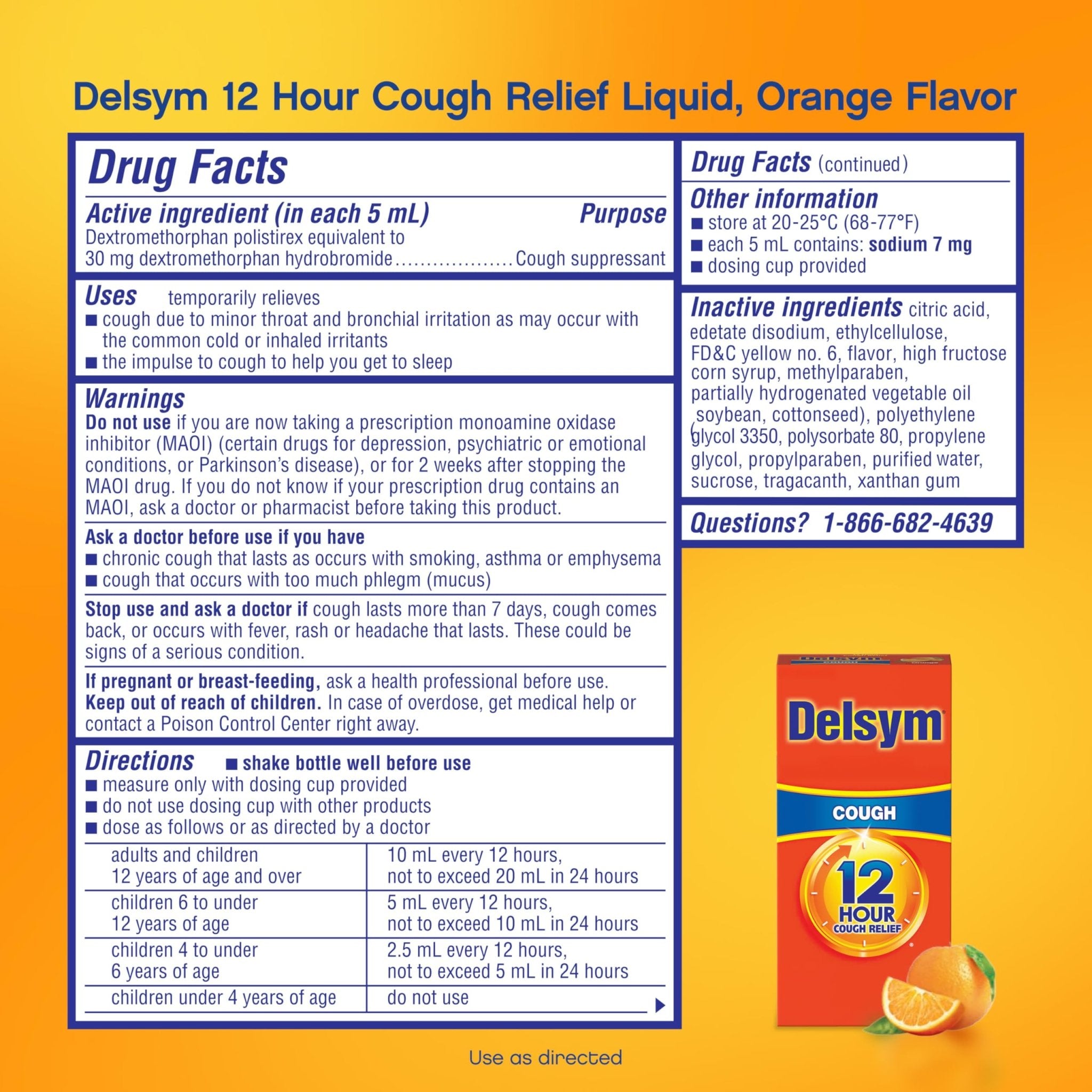 Delsym 12 Hour Cough Medicine for Adults, Powerful Relief for 12 Hours, Cough Suppressant Liquid with Extended-Release Dextromethorphan, Orange Flavor Liquid Cough Syrup, 5 Fl Oz (Pack of 1) - Maple Wellness Supplements