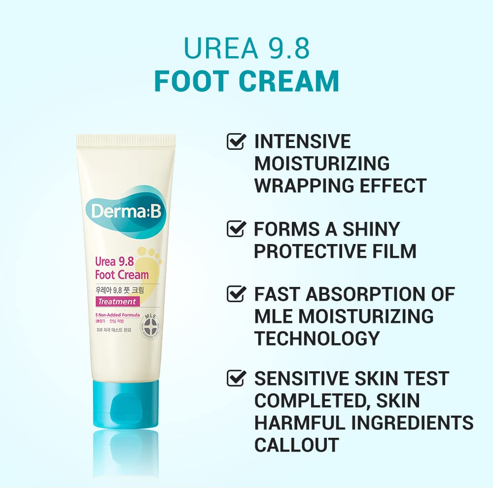 Derma B | Urea 9.8% Foot Cream | Foot Lotion for Dry Cracked Heel Treatment | Camellia Oil, Urea Cream for Feet | Hypoallergenic Leg Cream for Sensitive Skin | Woody Scent Foot Care | 2.7 fl oz (80ml) - Maple Wellness Supplements