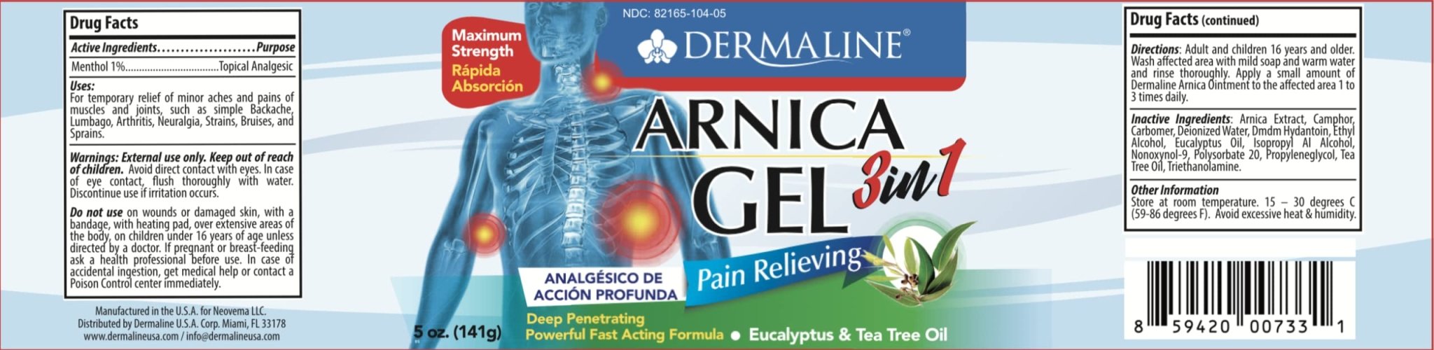 DERMALINE Arnica 3 in 1 Gel, Eucalyptus, Tea Tree Oil, Vitamin E - Fast Acting and Absorbing, Pain Relief - TrustMedUSA