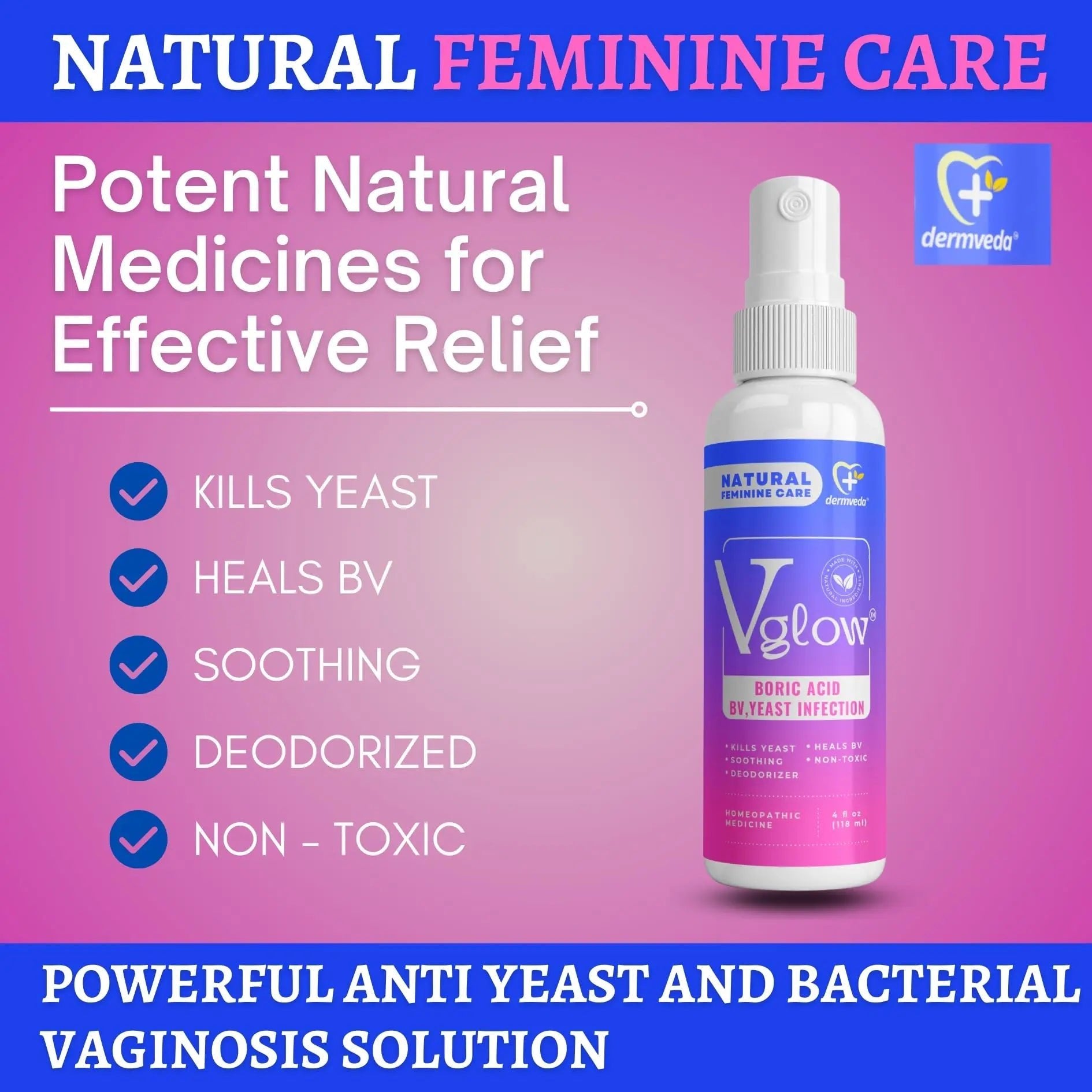 Dermveda Boric Acid BV Relief for Women - Natural Yeast Infection, Odor, Itch Relief Solution - Treats Yeast Infection Symptoms with Effective Boric Acid Formula. - TrustMedUSA