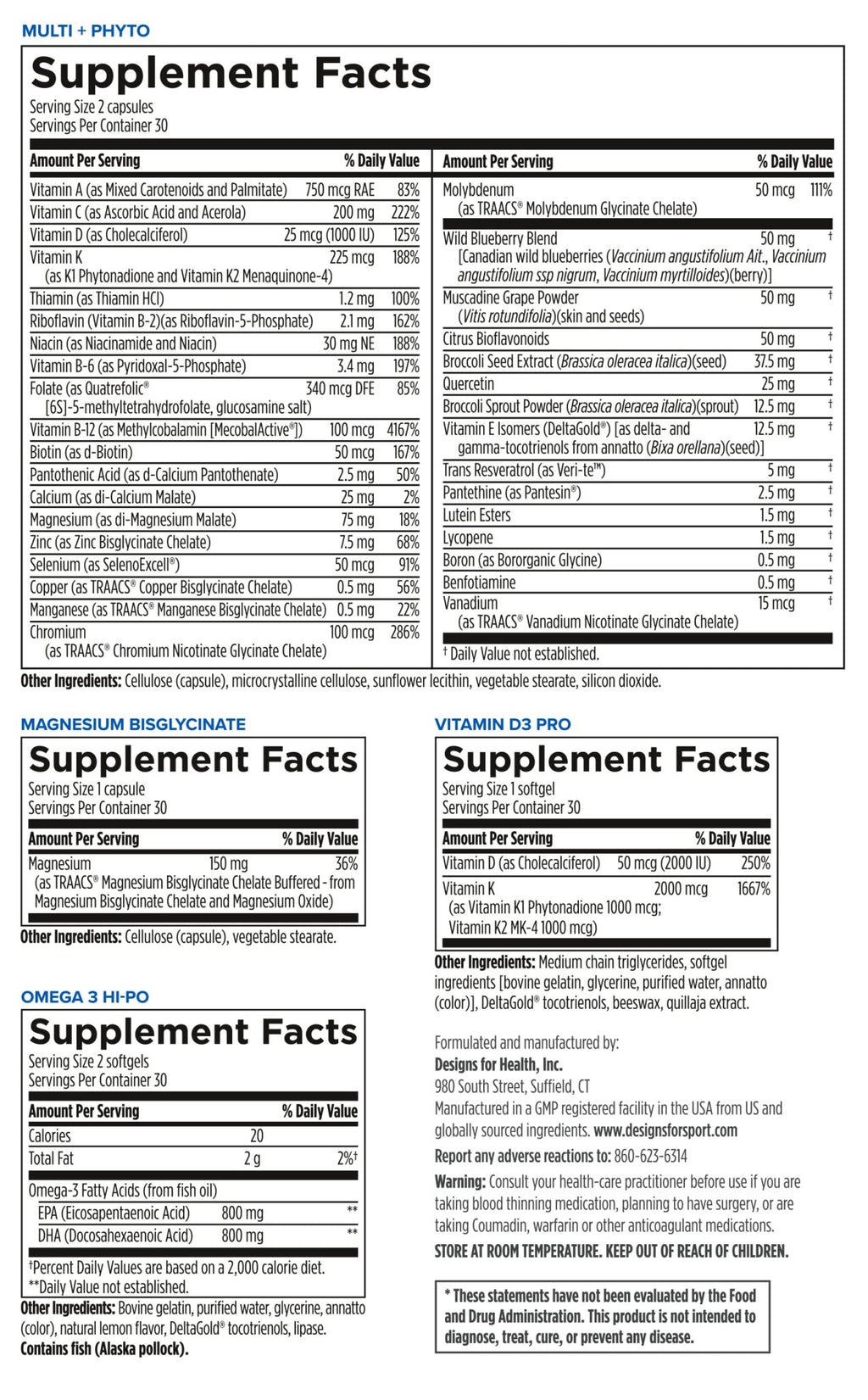 Designs for Sport Vitamin Packs - NSF Certified for Sport Power Pack with Daily Multivitamin, Fish Oil Omega-3, Magnesium Glycinate & Vitamin D3 + K - Athlete's Supplement Stack (30 Packets) - TrustMedUSA